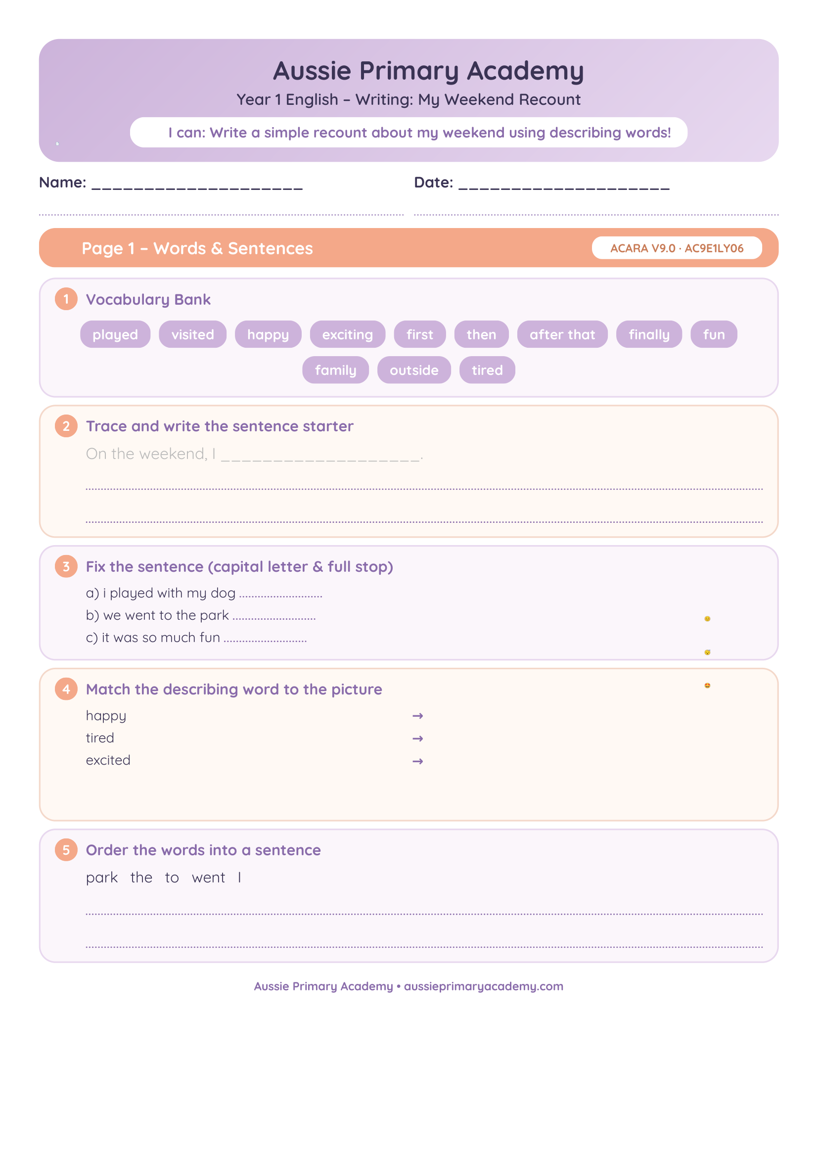Writing My Weekend Recount worksheet preview