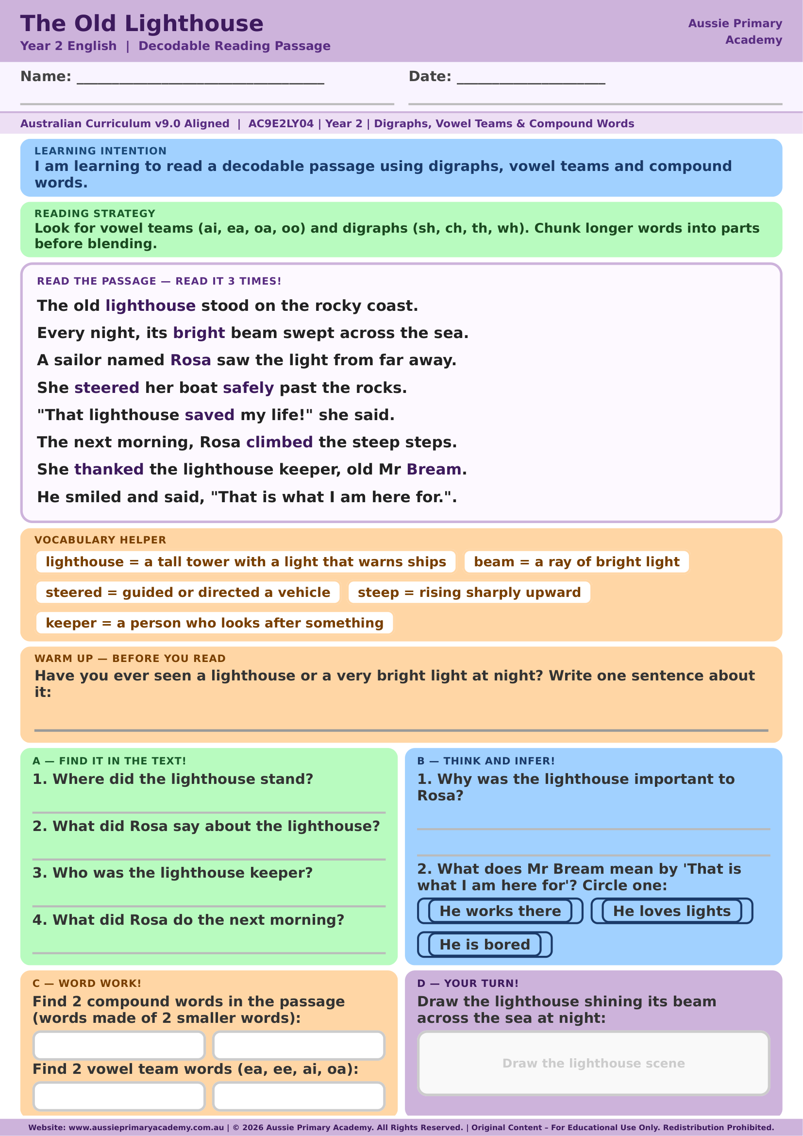 Decodable Reading The Old Lighthouse Ac9E2Ly04 Colour worksheet preview
