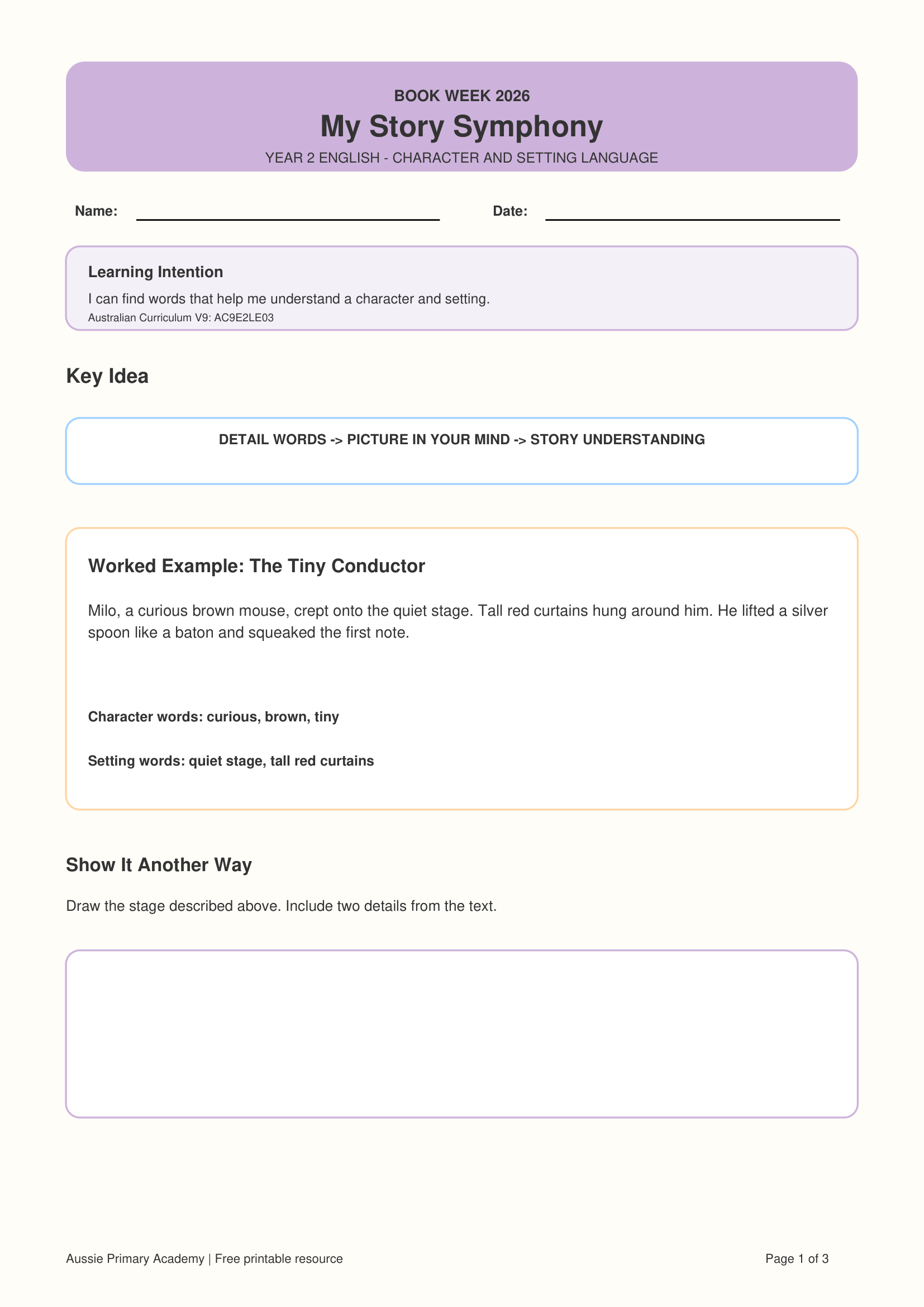 Year 2 character and setting worksheet preview for Book Week