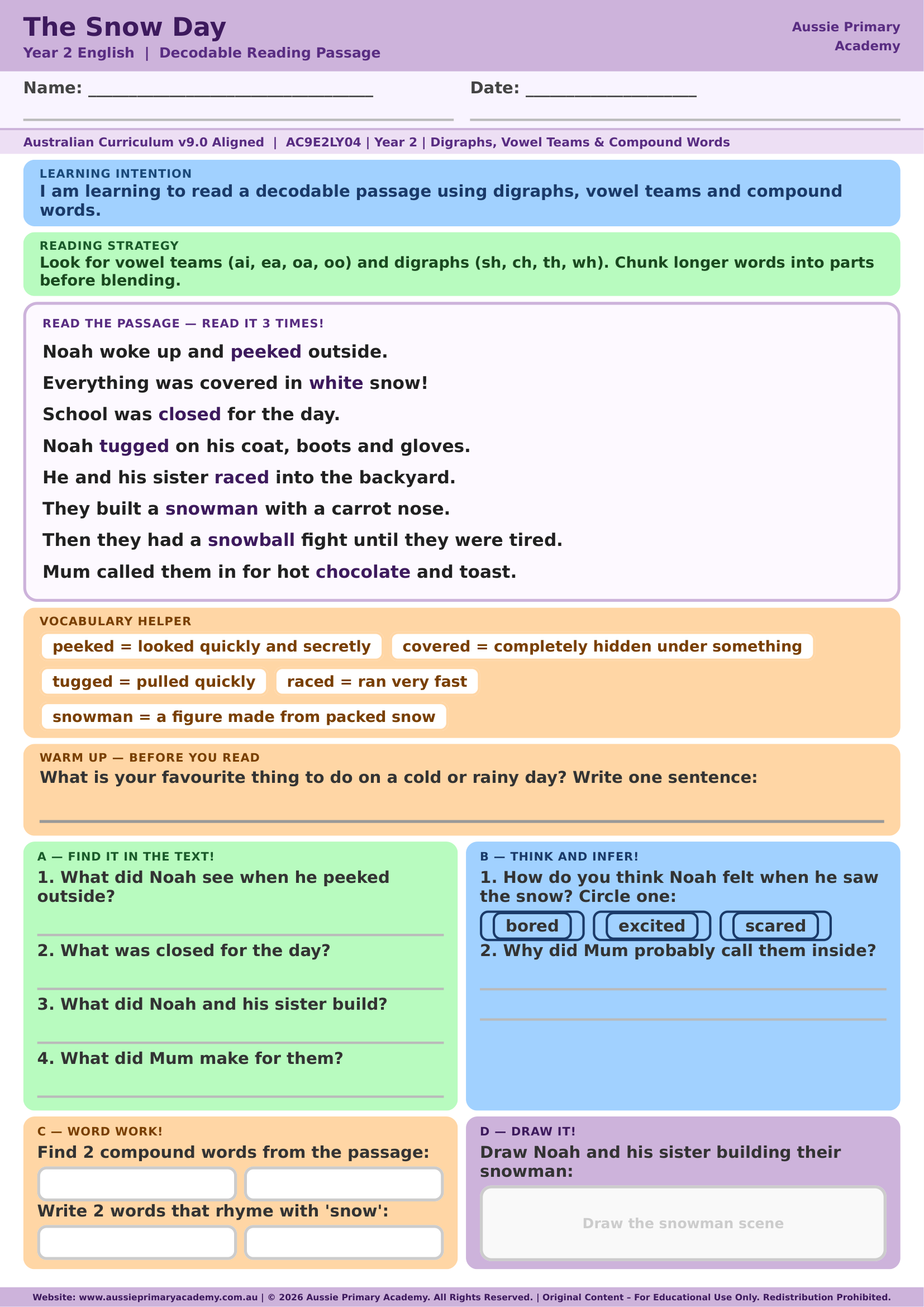 Reading The Snow Day Decodable Reading Ac9E2Ly04 Australia Colour worksheet preview
