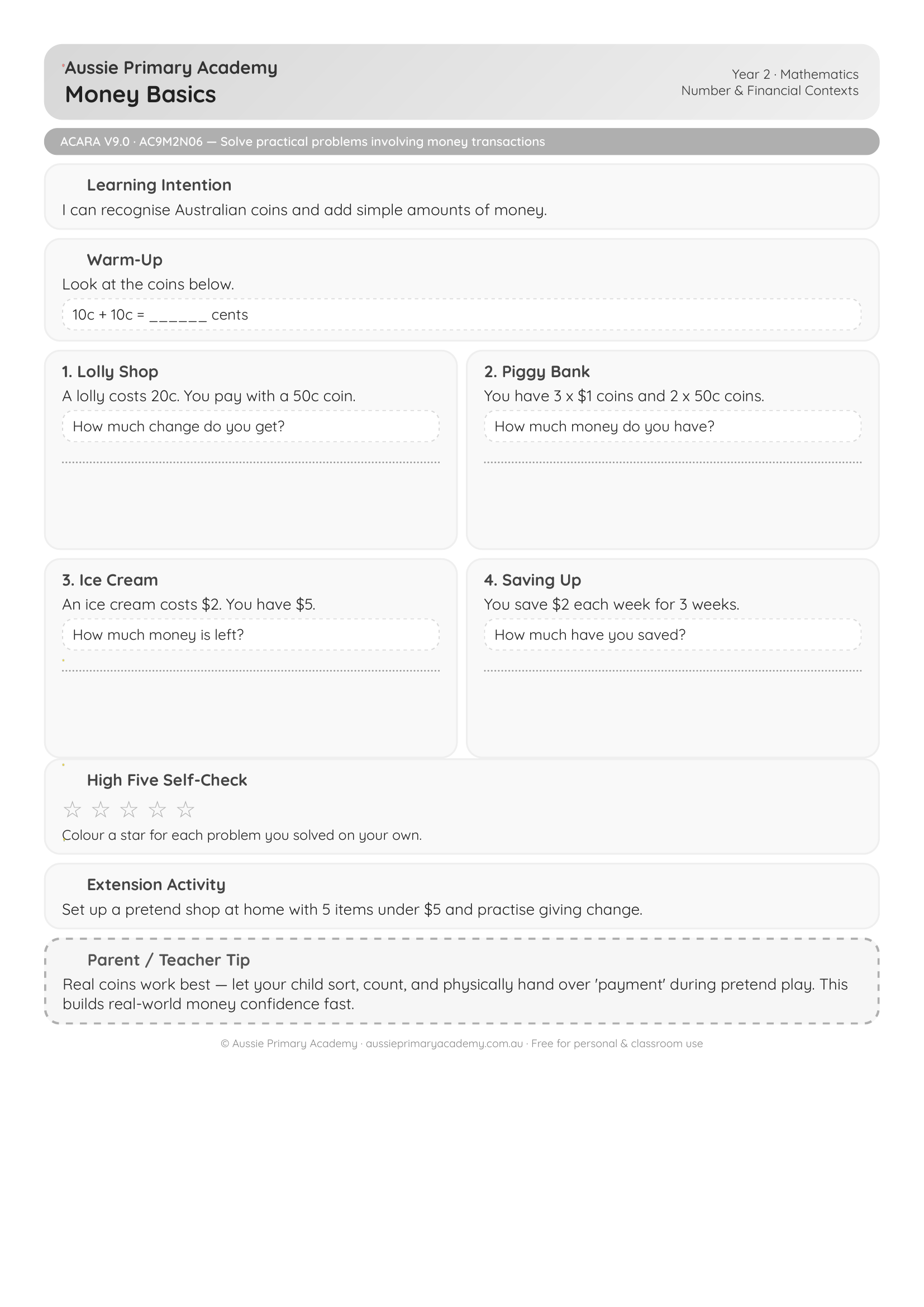 Year 2 Maths Money Basics Word Problems worksheet preview