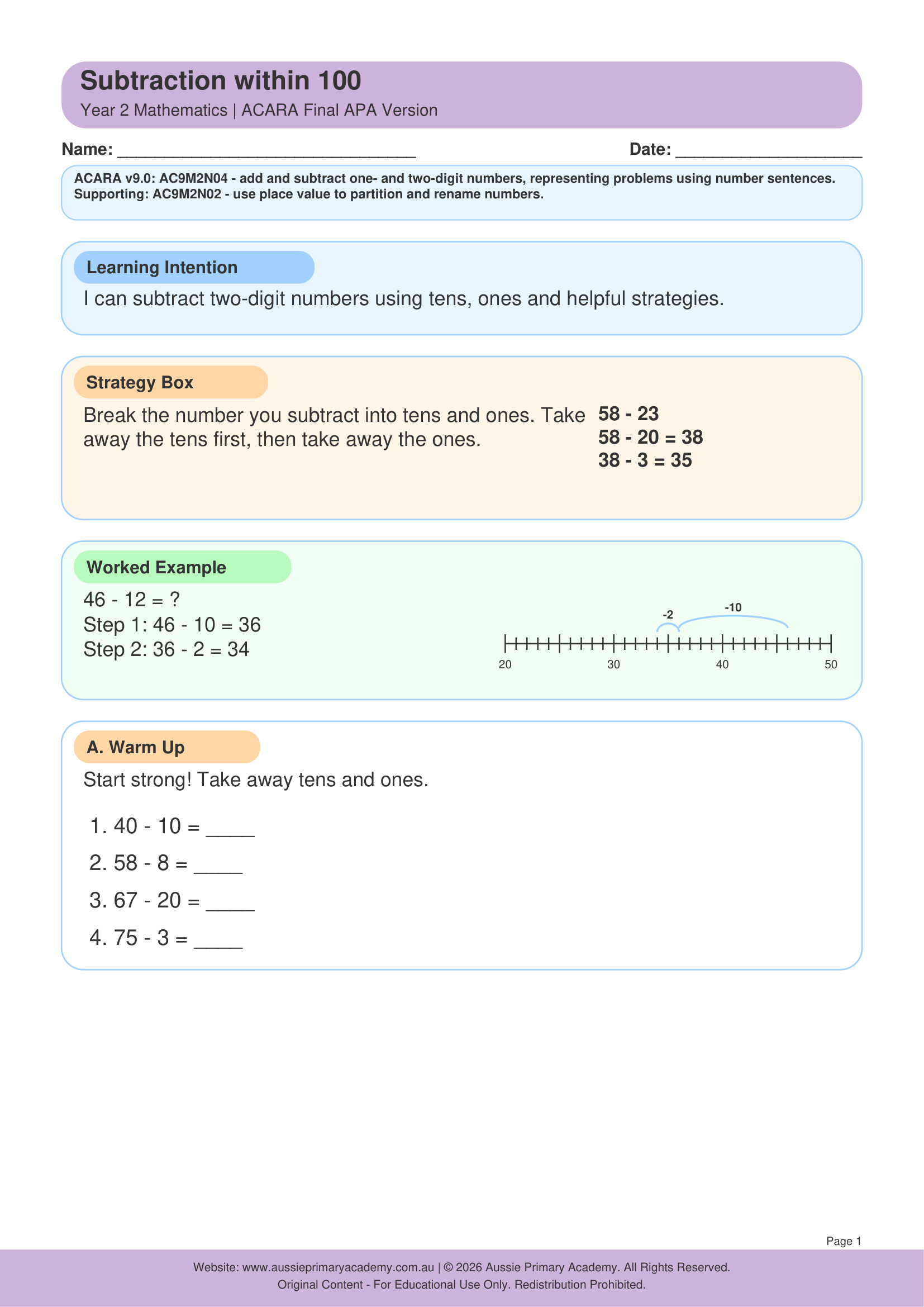 Subtraction Within 100 worksheet preview