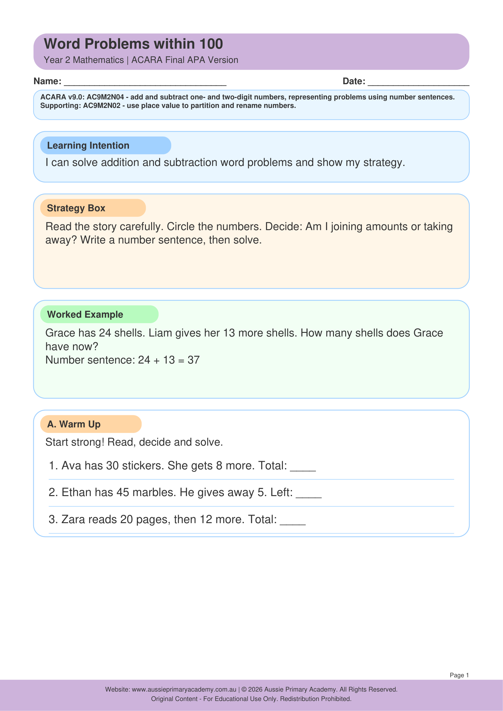 Word Problems Within 100 worksheet preview