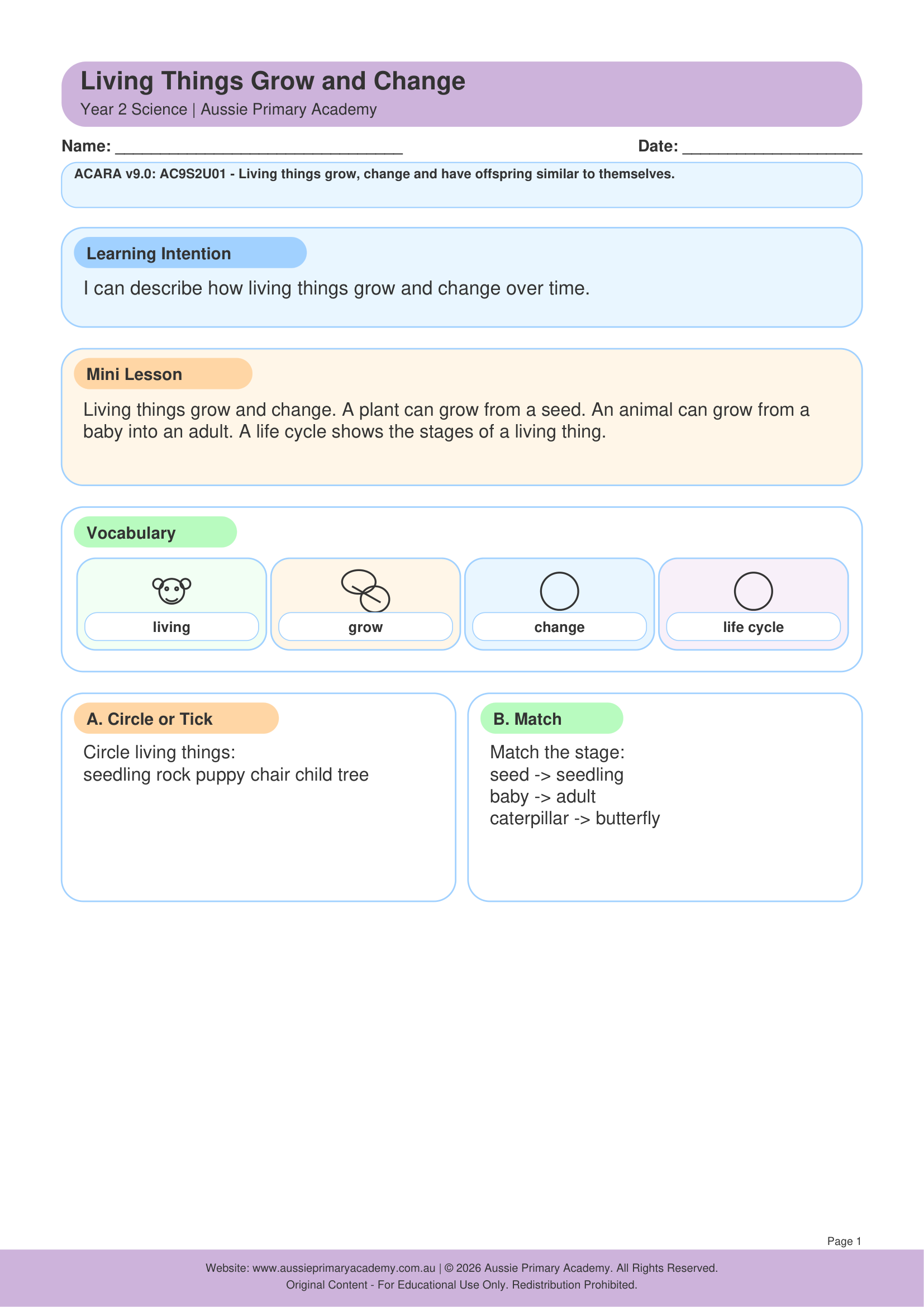 Living Things Grow And Change worksheet preview