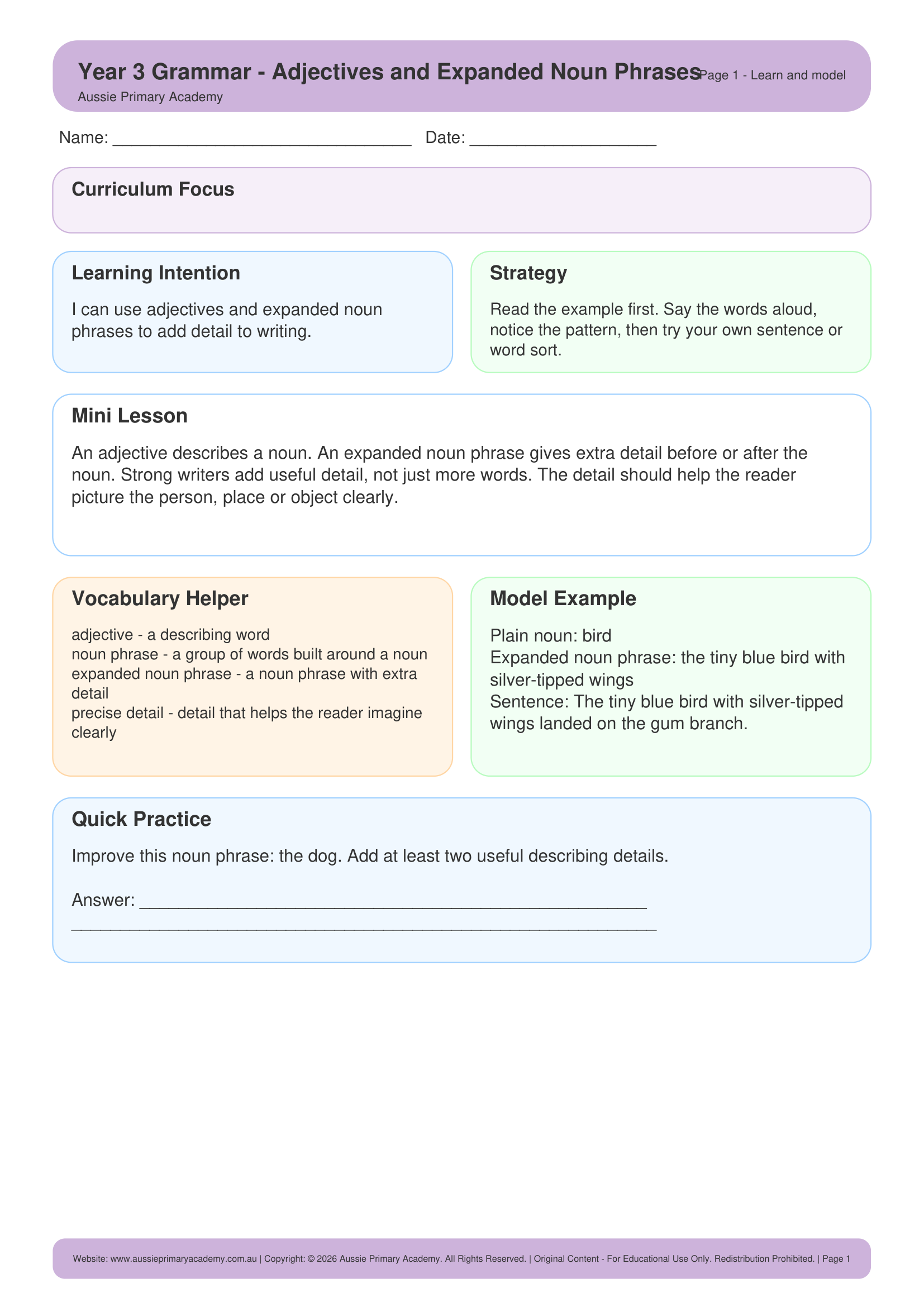 Adjectives And Expanded Noun Phrases Grammar Ac9E3La06 Colour worksheet preview