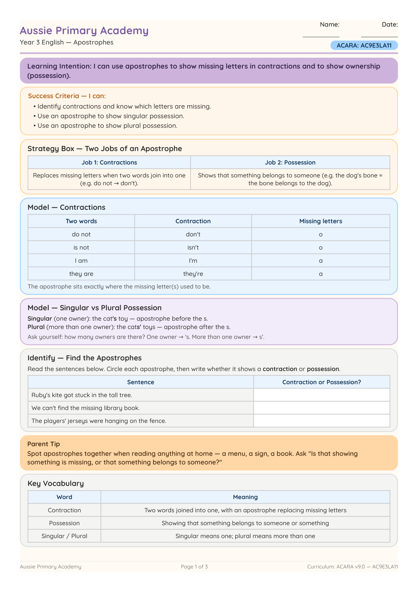 Preview of the Year 3 apostrophes worksheet on contractions and possession
