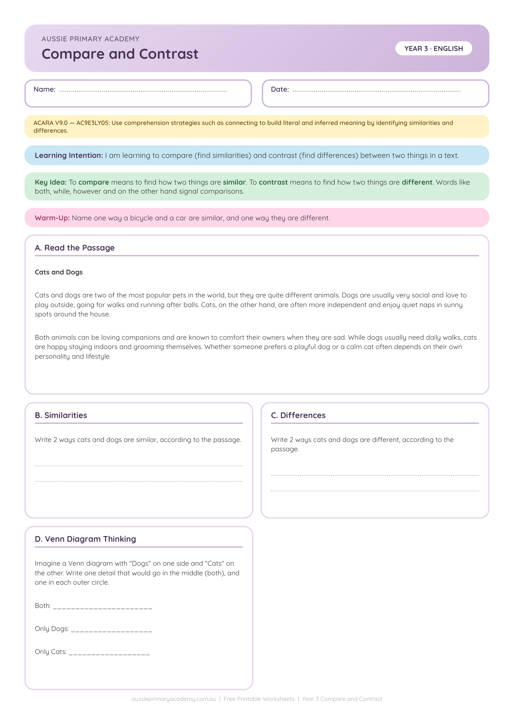 Compare And Contrast Reading Ac9E3Ly05 Colour worksheet preview