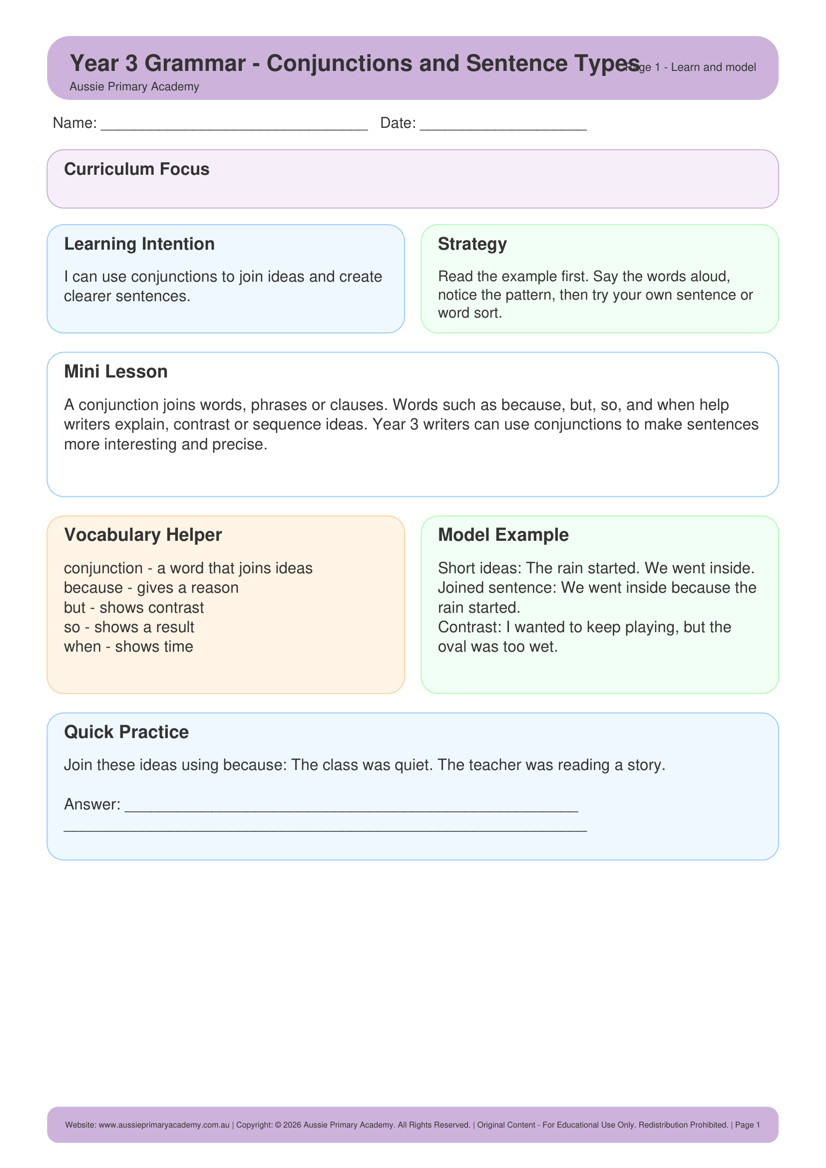 Conjunctions And Sentence Types Grammar Ac9E3La06 Colour worksheet preview