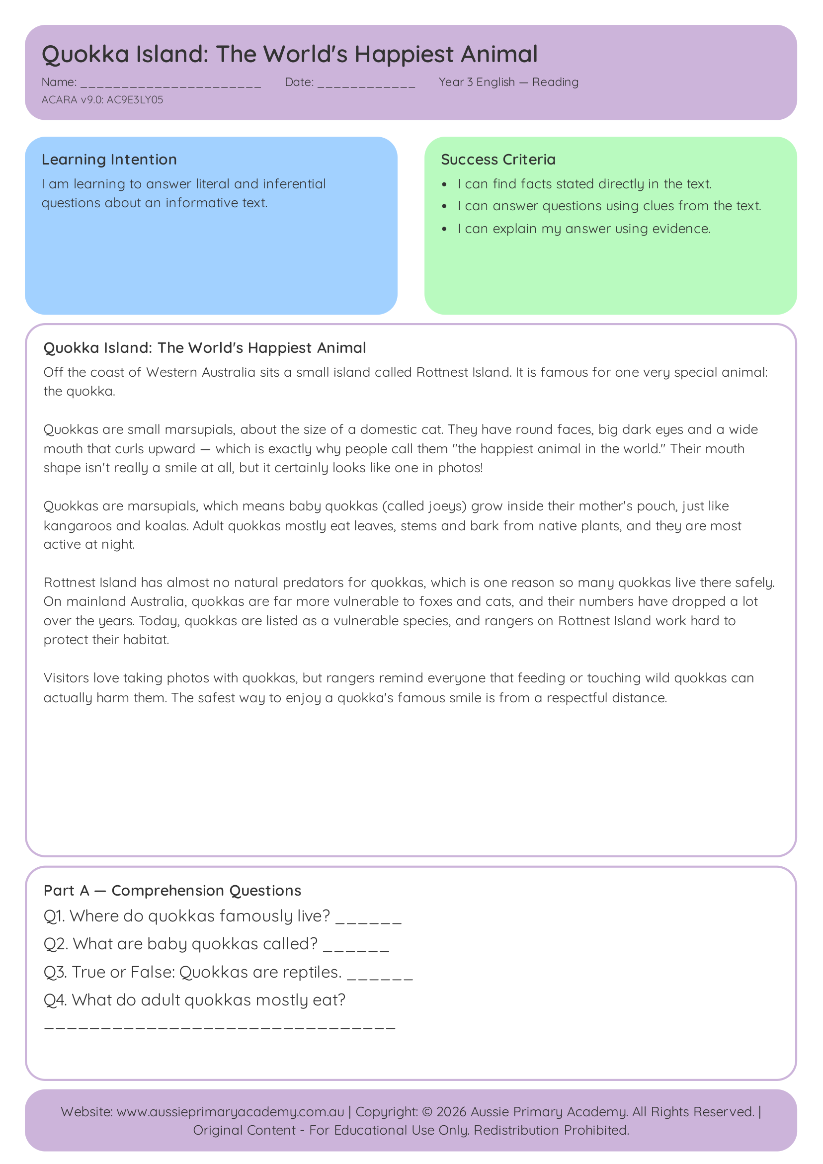 Quokka Island Worlds Happiest Animal Reading worksheet preview