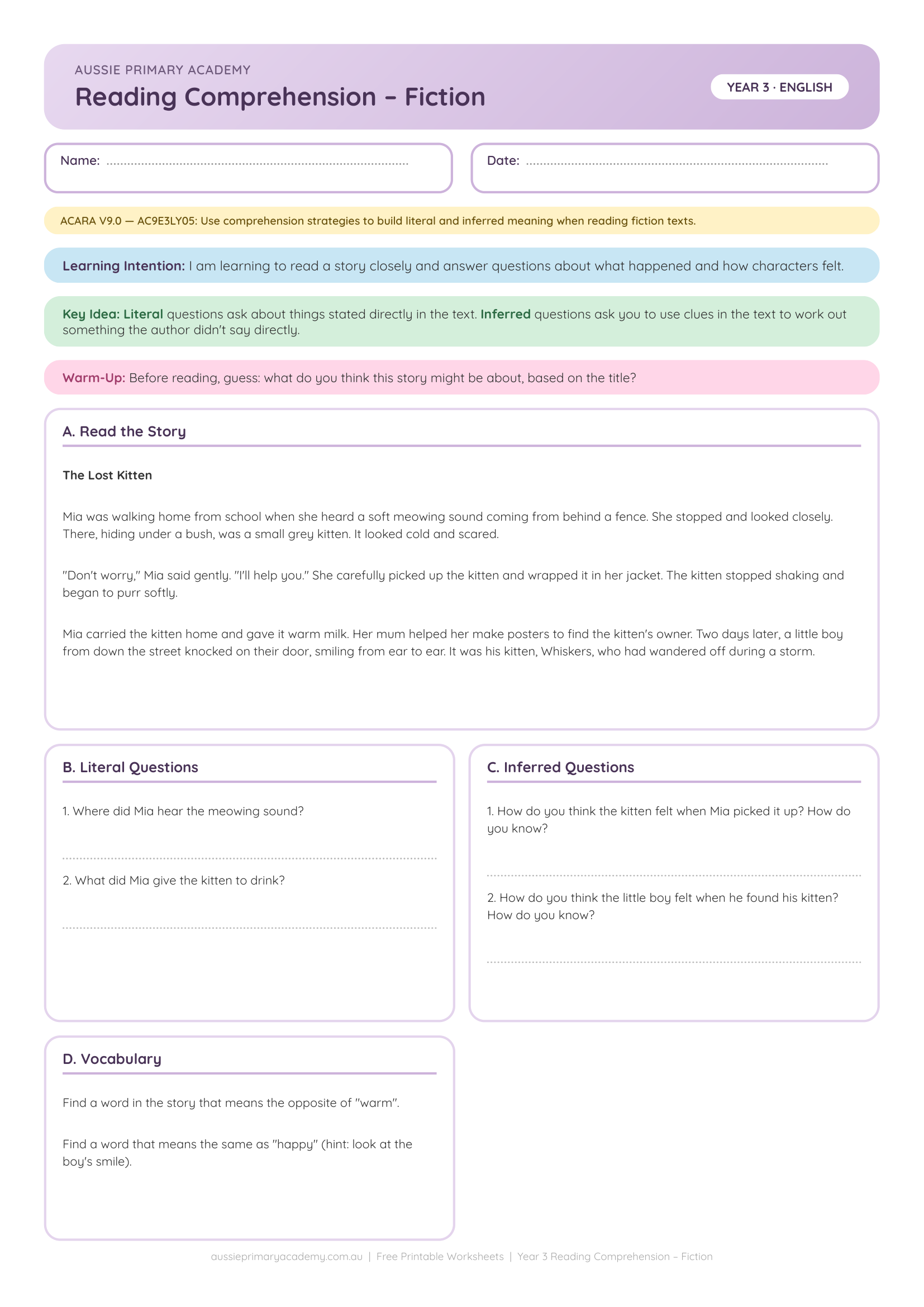 Reading Comprehension Fiction Ac9E3Ly05 Colour worksheet preview