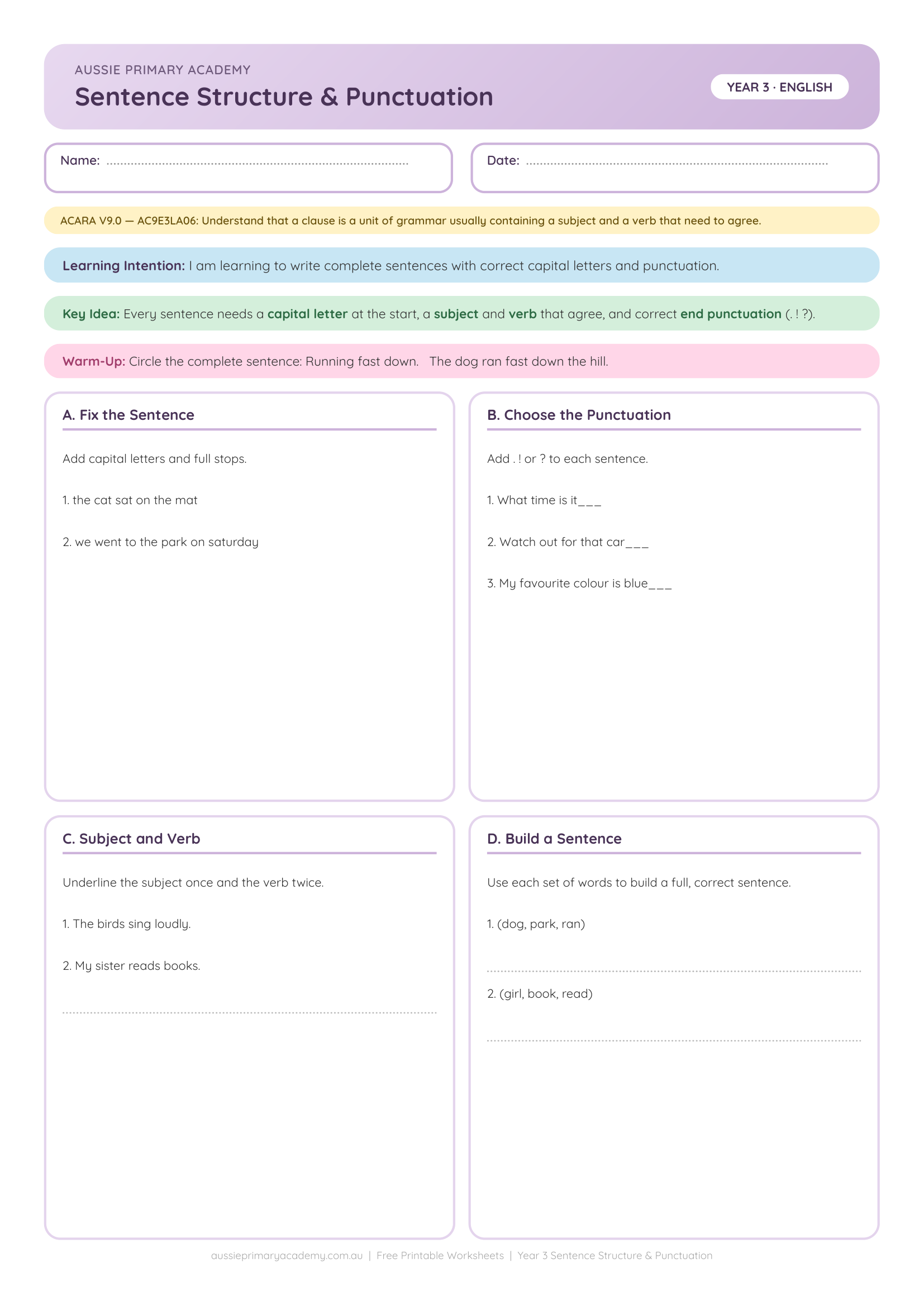 Sentence Punctuation Grammar Colour worksheet preview