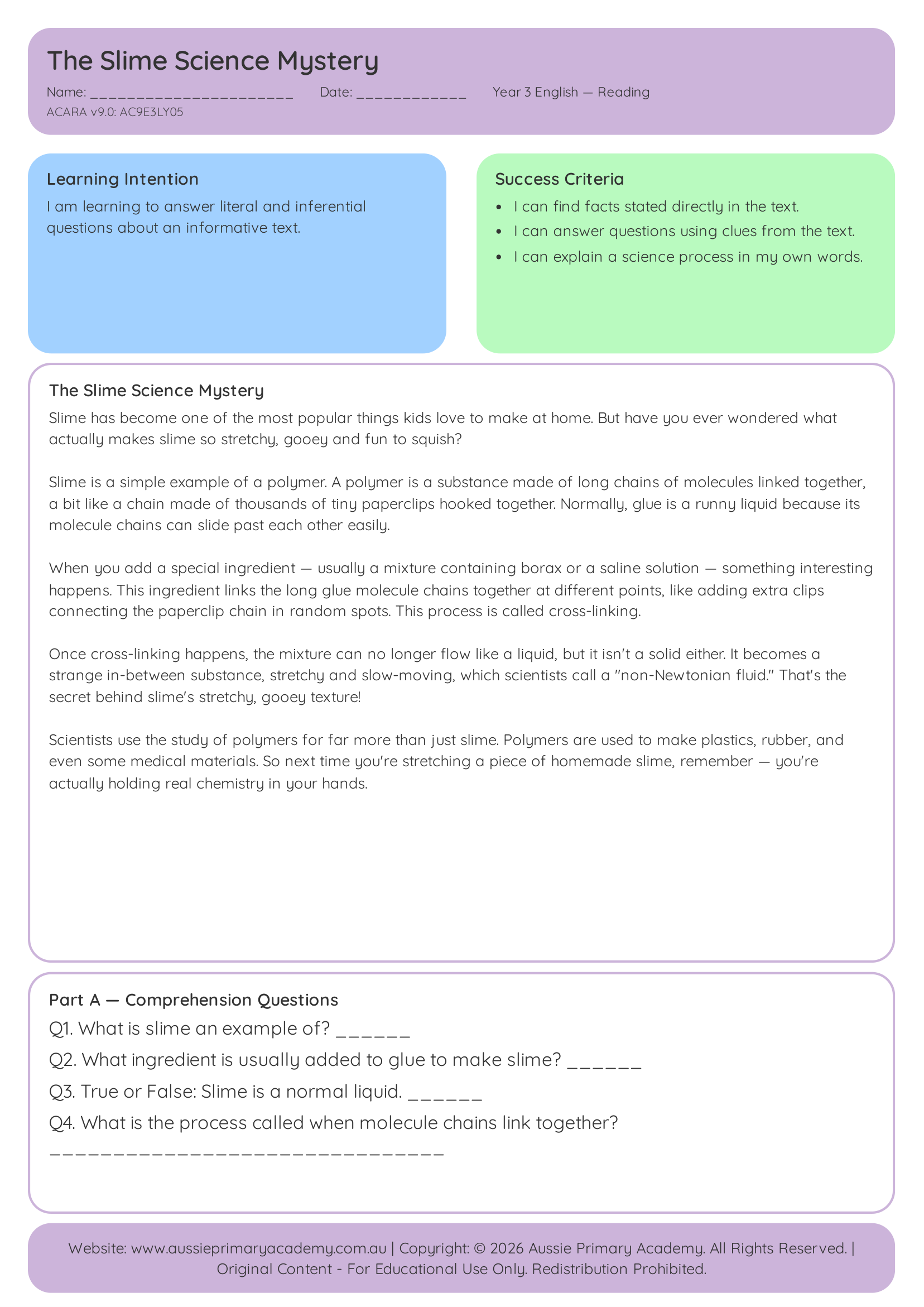The Slime Science Mystery Reading worksheet preview