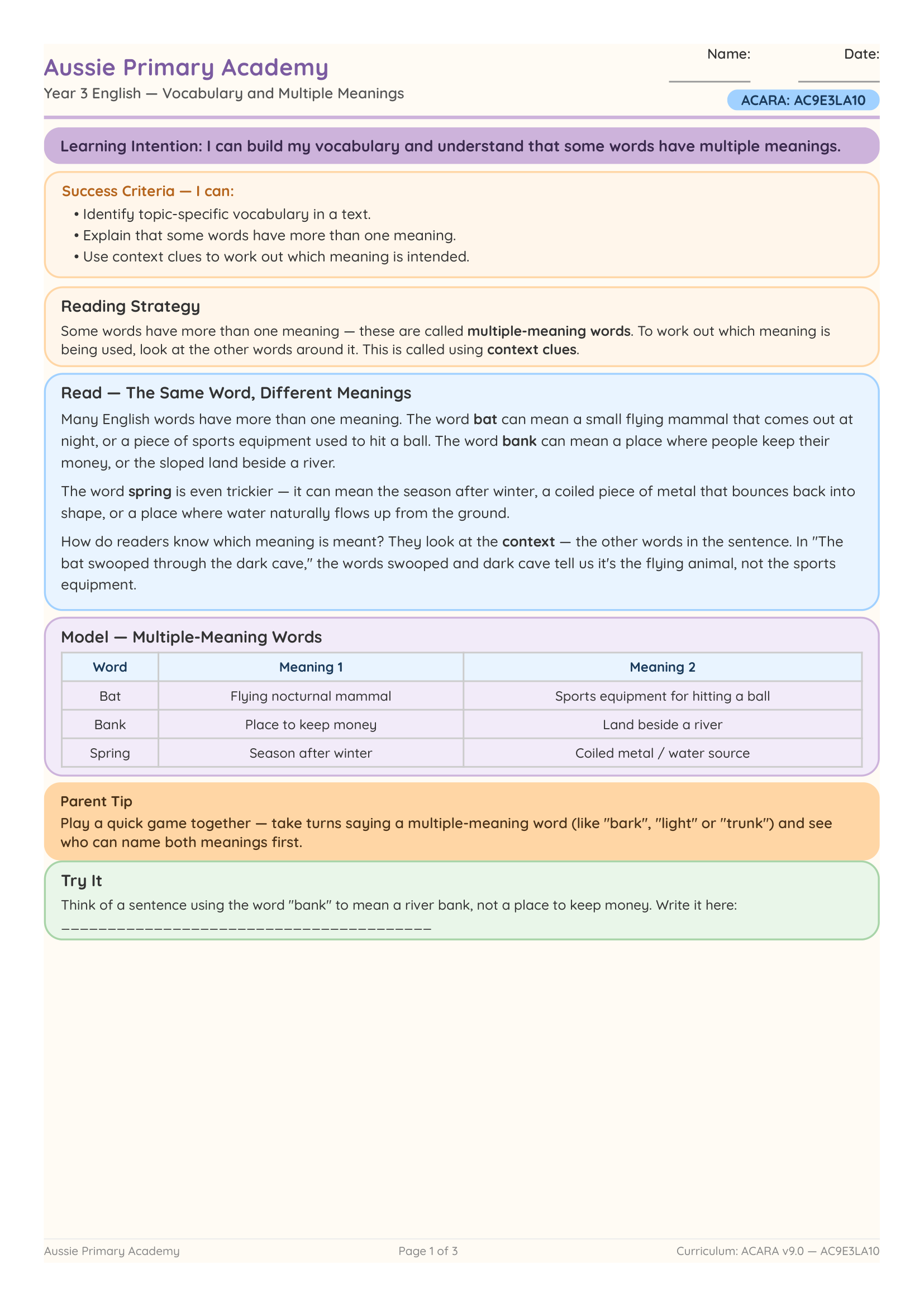 Vocabulary Multiple Meanings worksheet preview