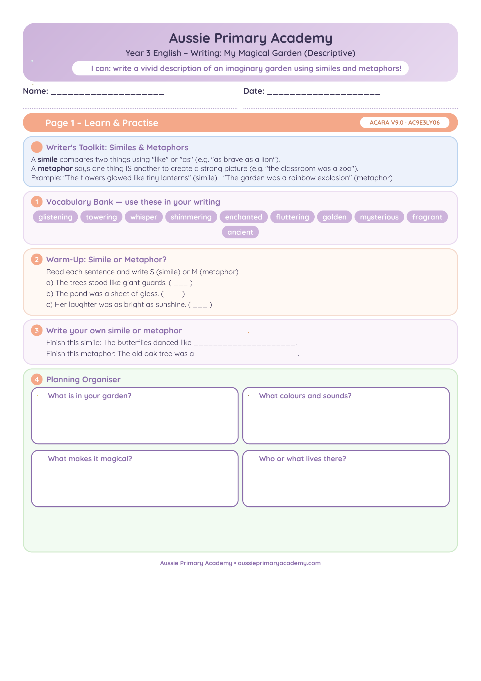 Writing My Magical Garden Descriptive Writing Ac9E3Ly06 Colour worksheet preview