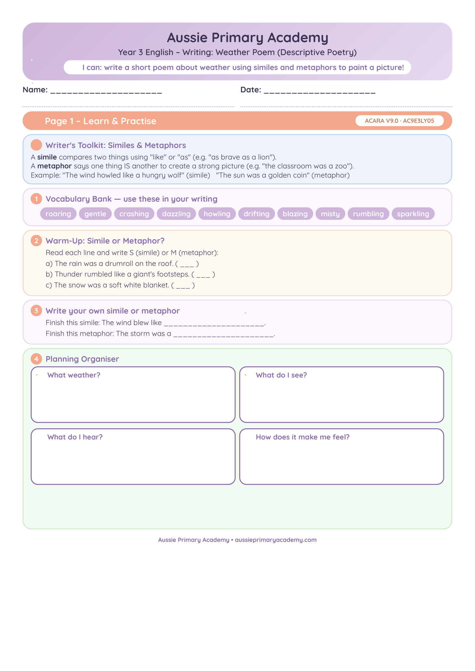 Writing Weather Poem Poetry Ac9E3Ly05 Colour worksheet preview