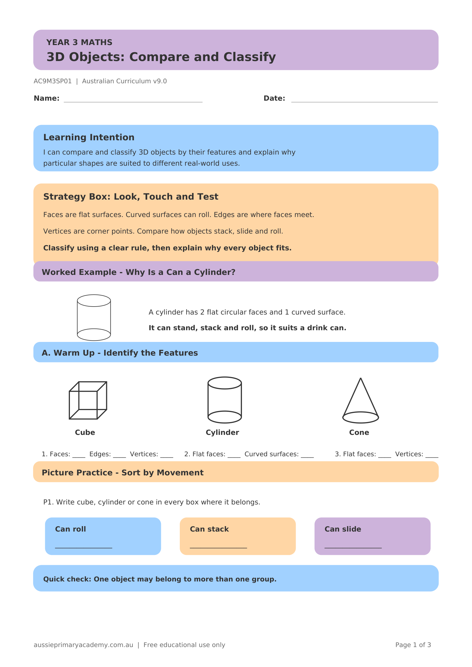 Year 3 3D Objects Compare and Classify worksheet preview