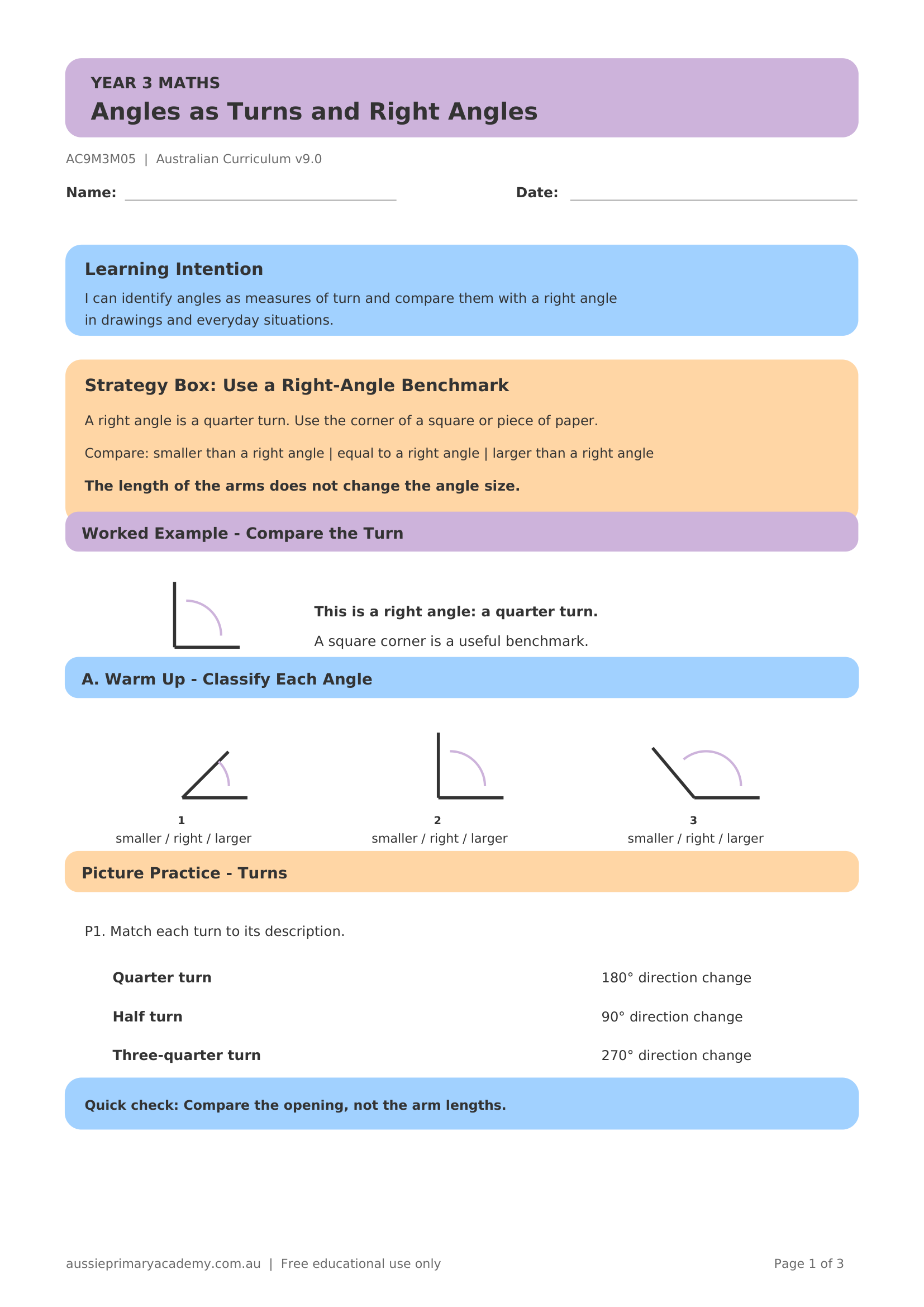 Angles Turns Right Angles worksheet preview