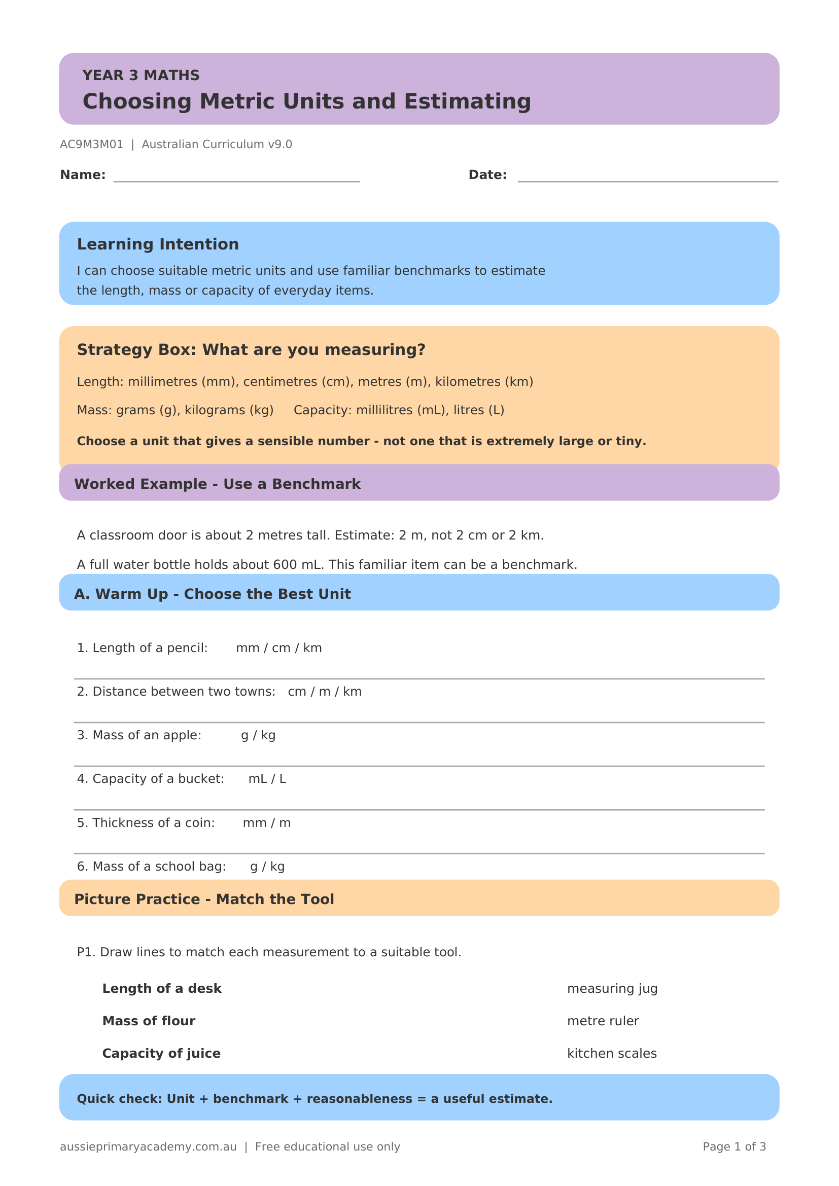 Year 3 Choosing Metric Units and Estimating worksheet preview