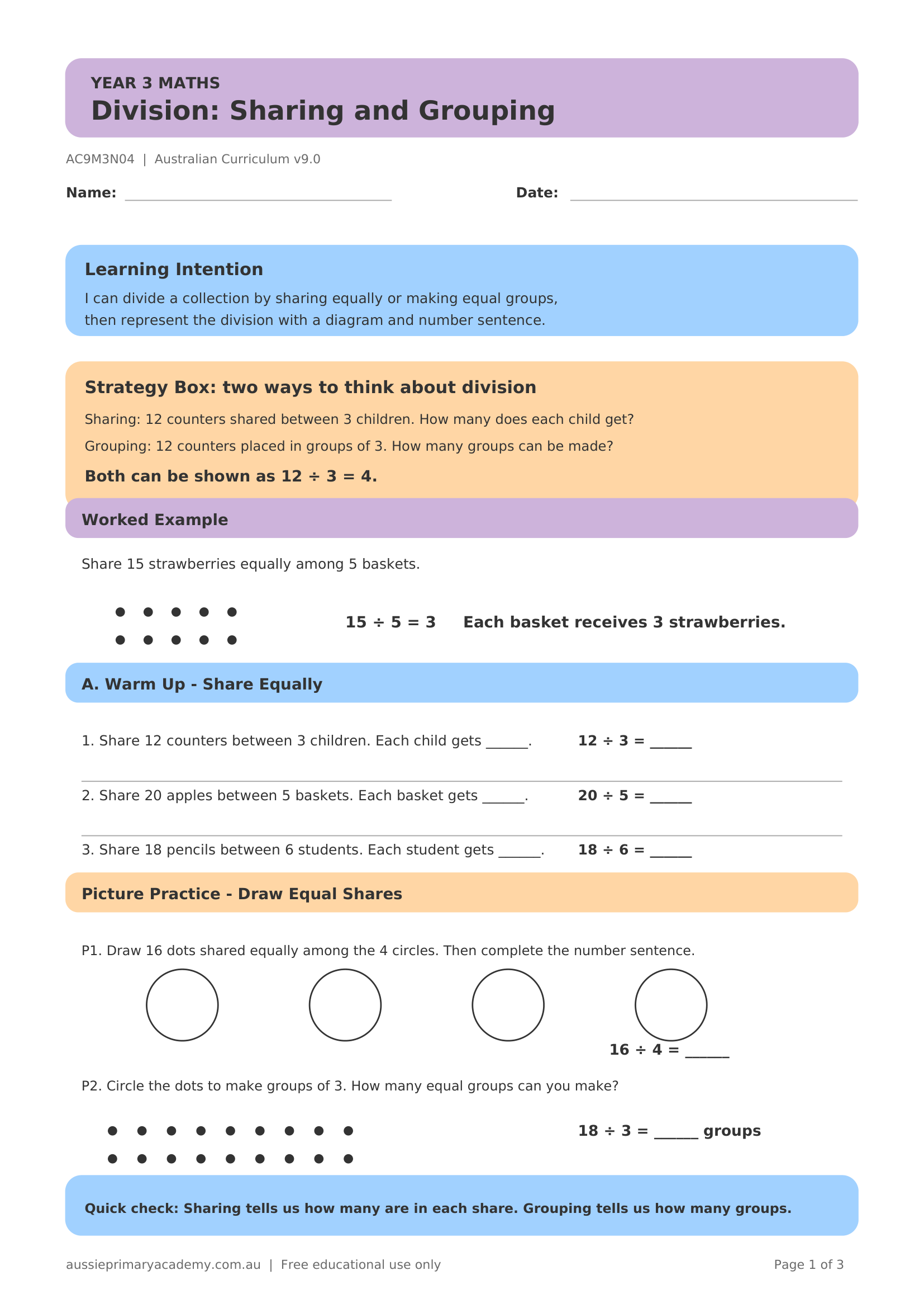 Division Sharing Grouping worksheet preview