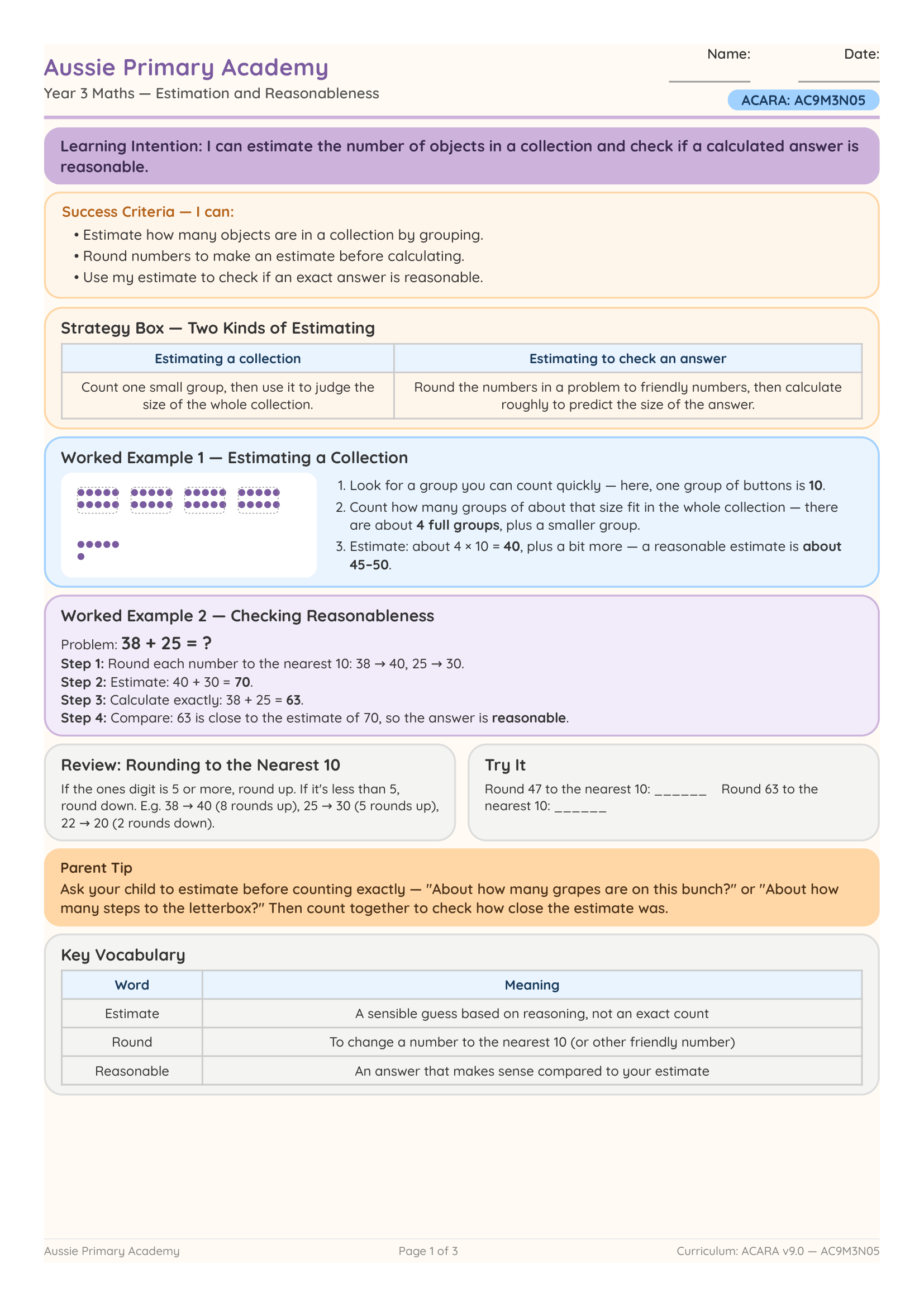Year 3 Estimation and Reasonableness worksheet preview