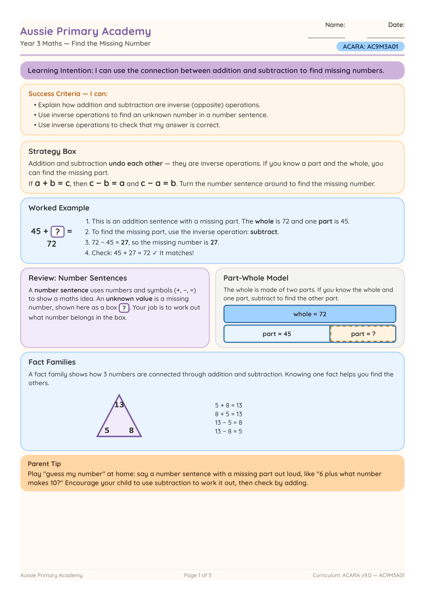 Year 3 Find the Missing Number worksheet preview