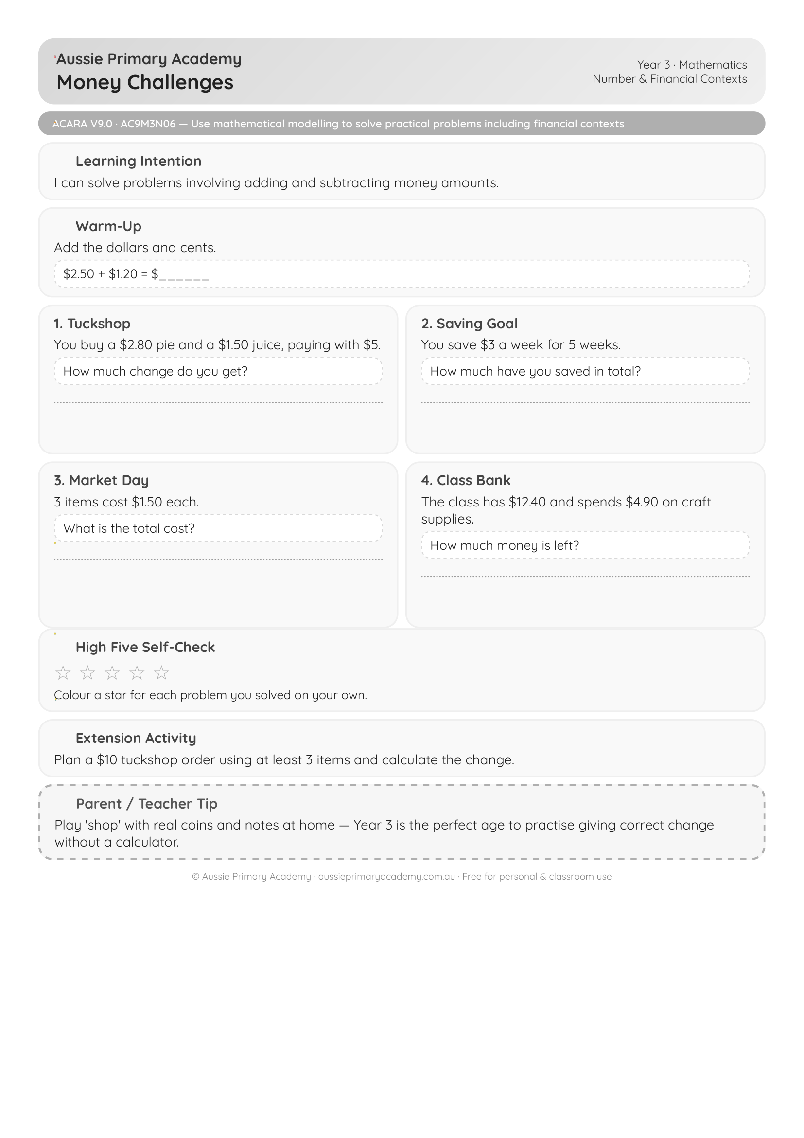 Money Problems Australian Currency Addition Subtraction Change Ac9M3N06 worksheet preview