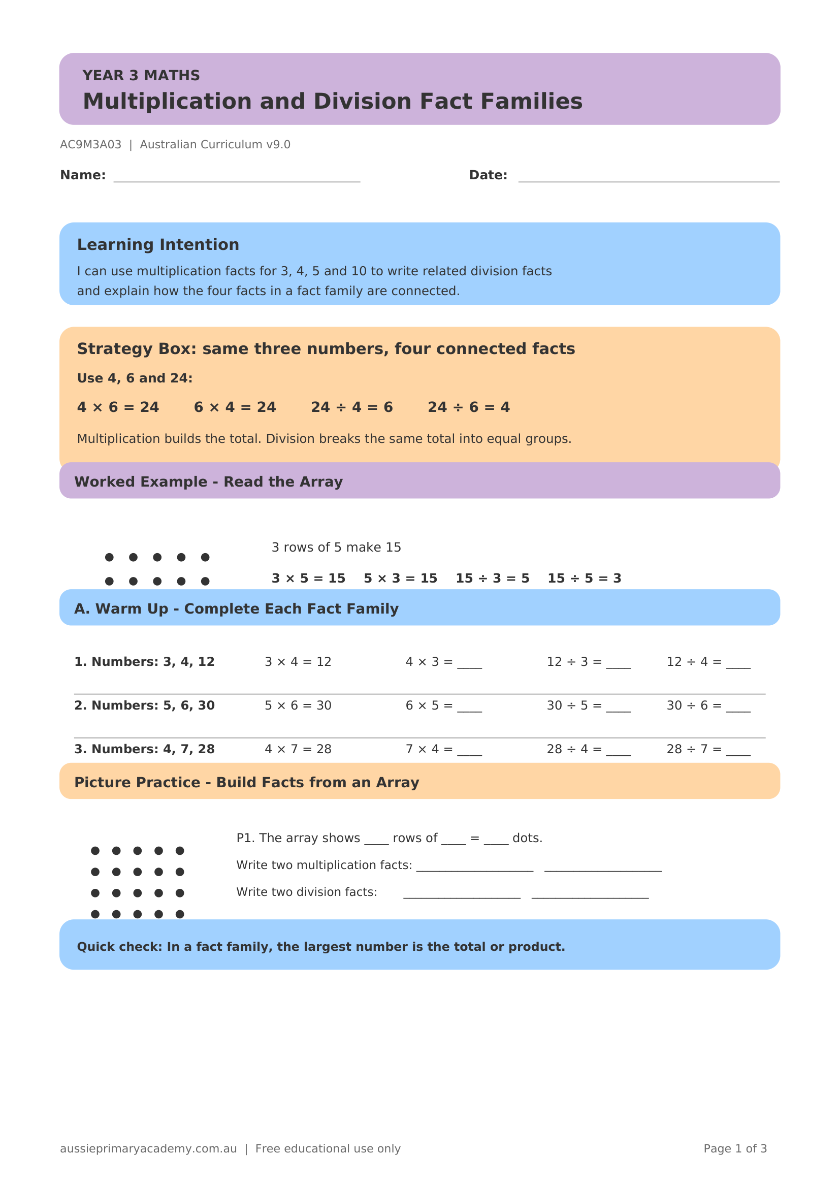 Year 3 Multiplication and Division Fact Families worksheet preview