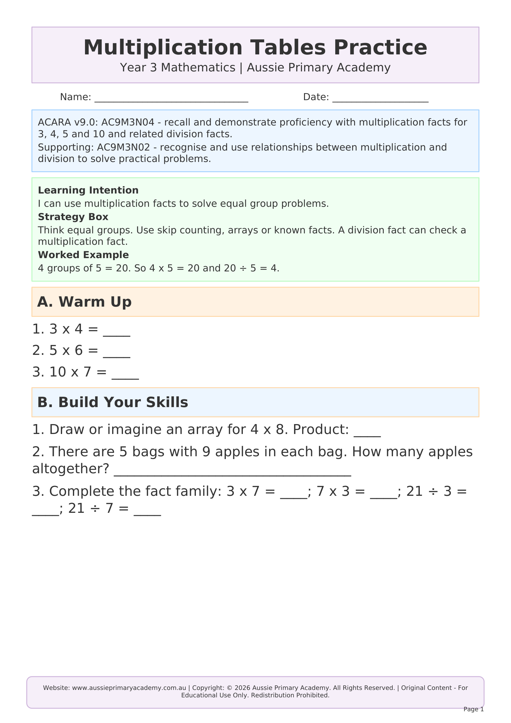 Multiplication Tables worksheet preview