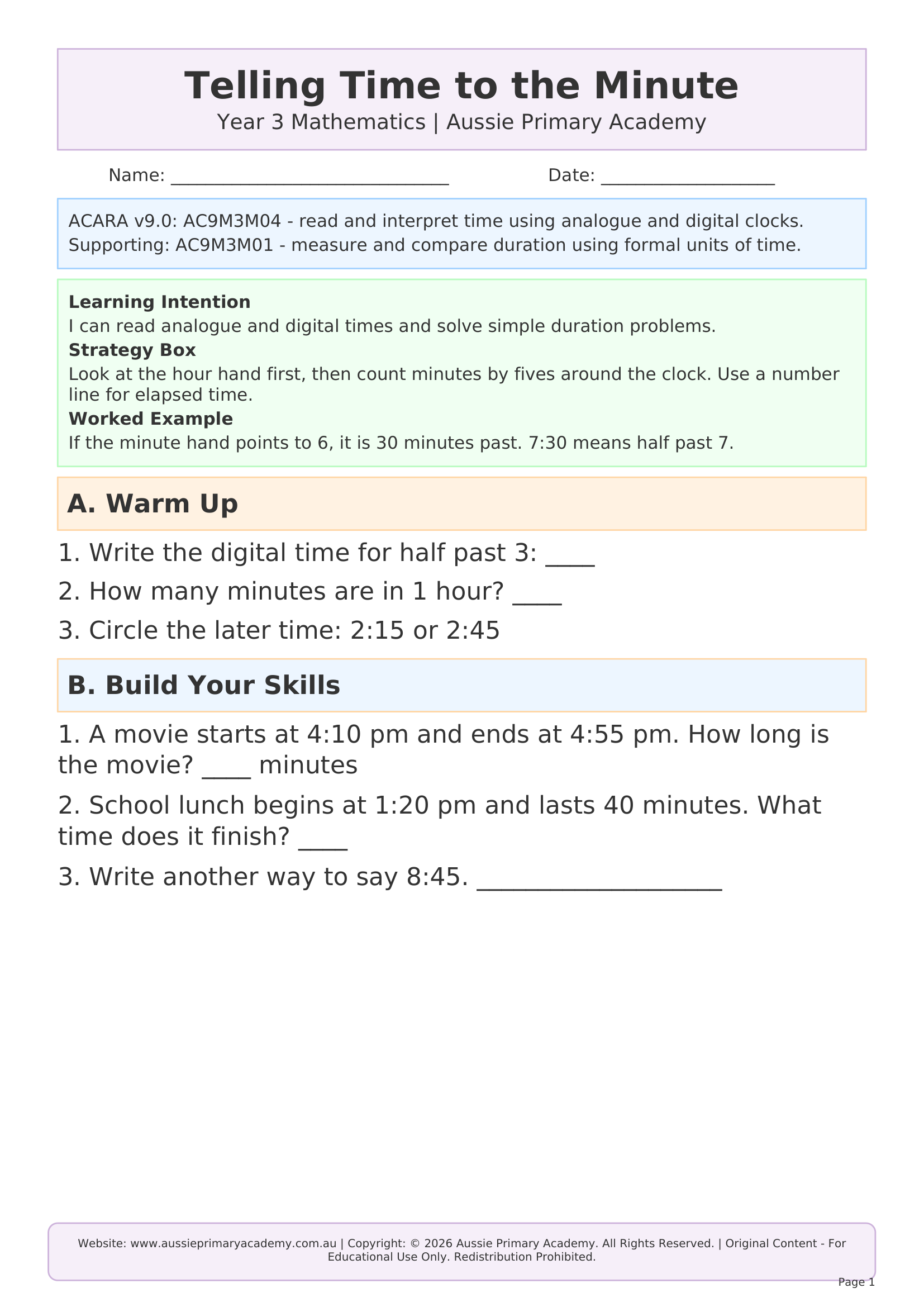 Telling Time worksheet preview