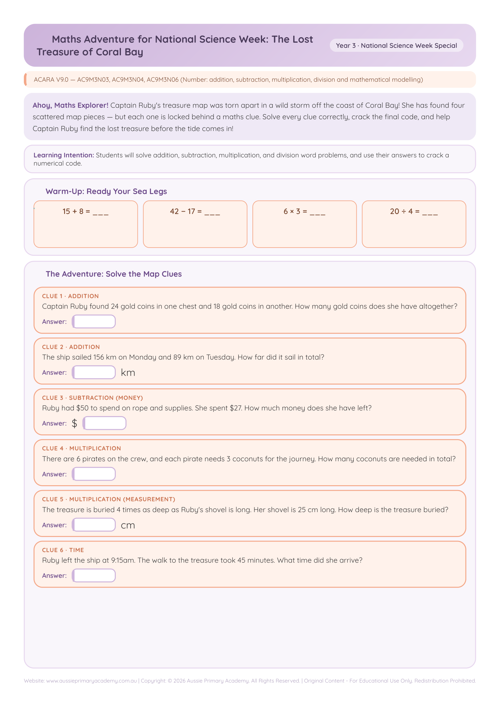Year 3 Maths Treasure Hunt Adventure worksheet preview