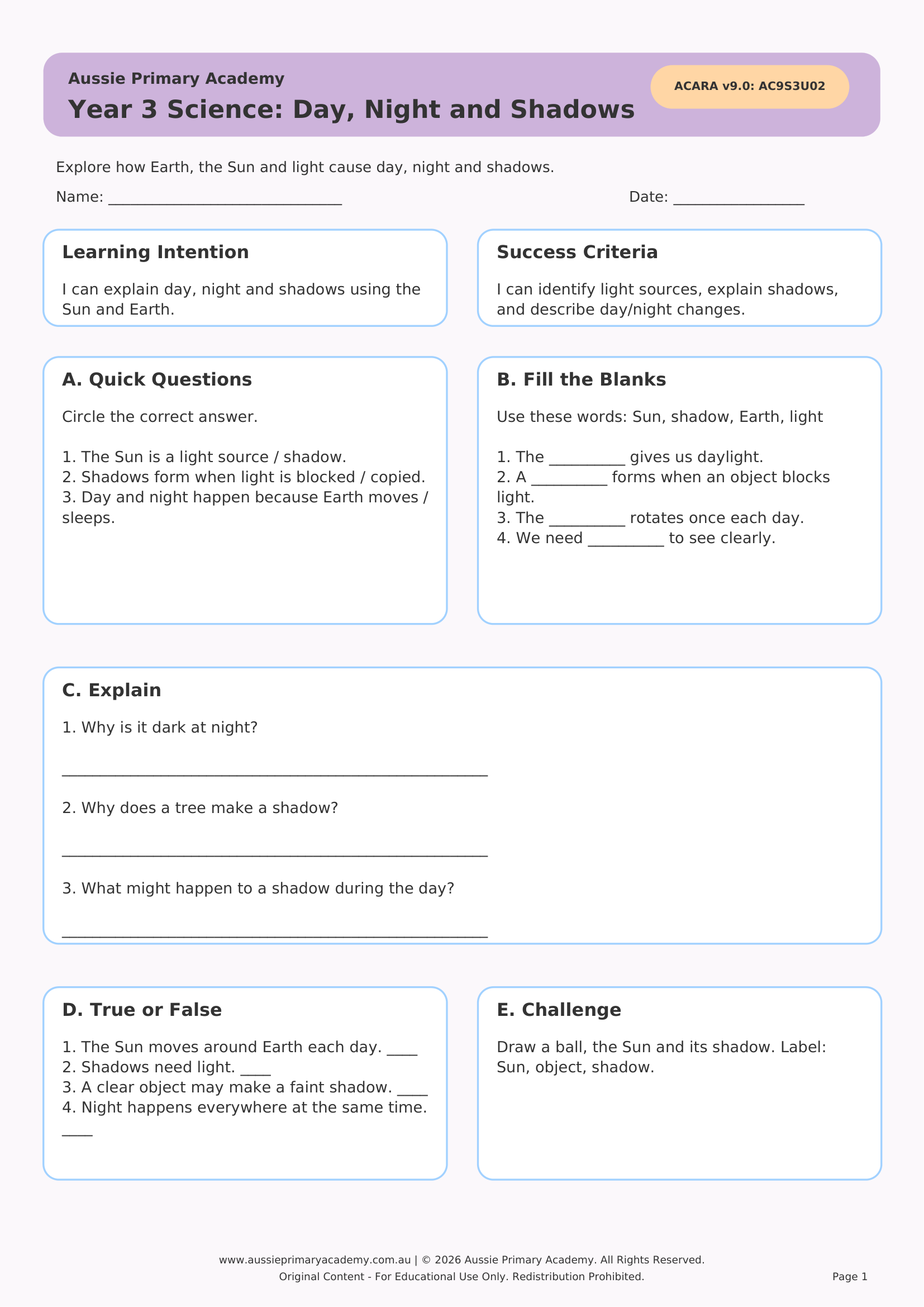 Day Night And Shadows Ac9S3U02 Colour worksheet preview