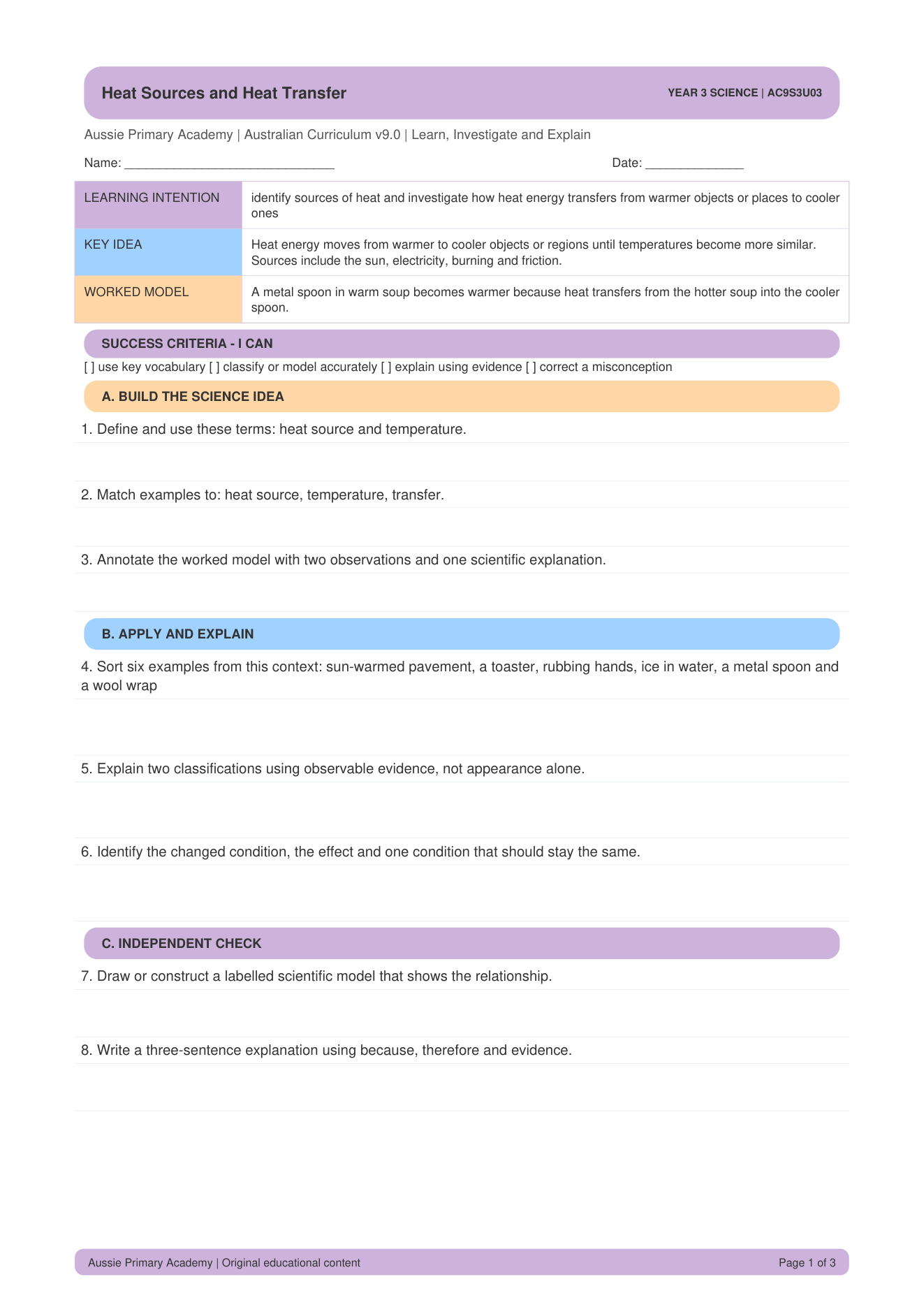 Heat Sources Transfer worksheet preview