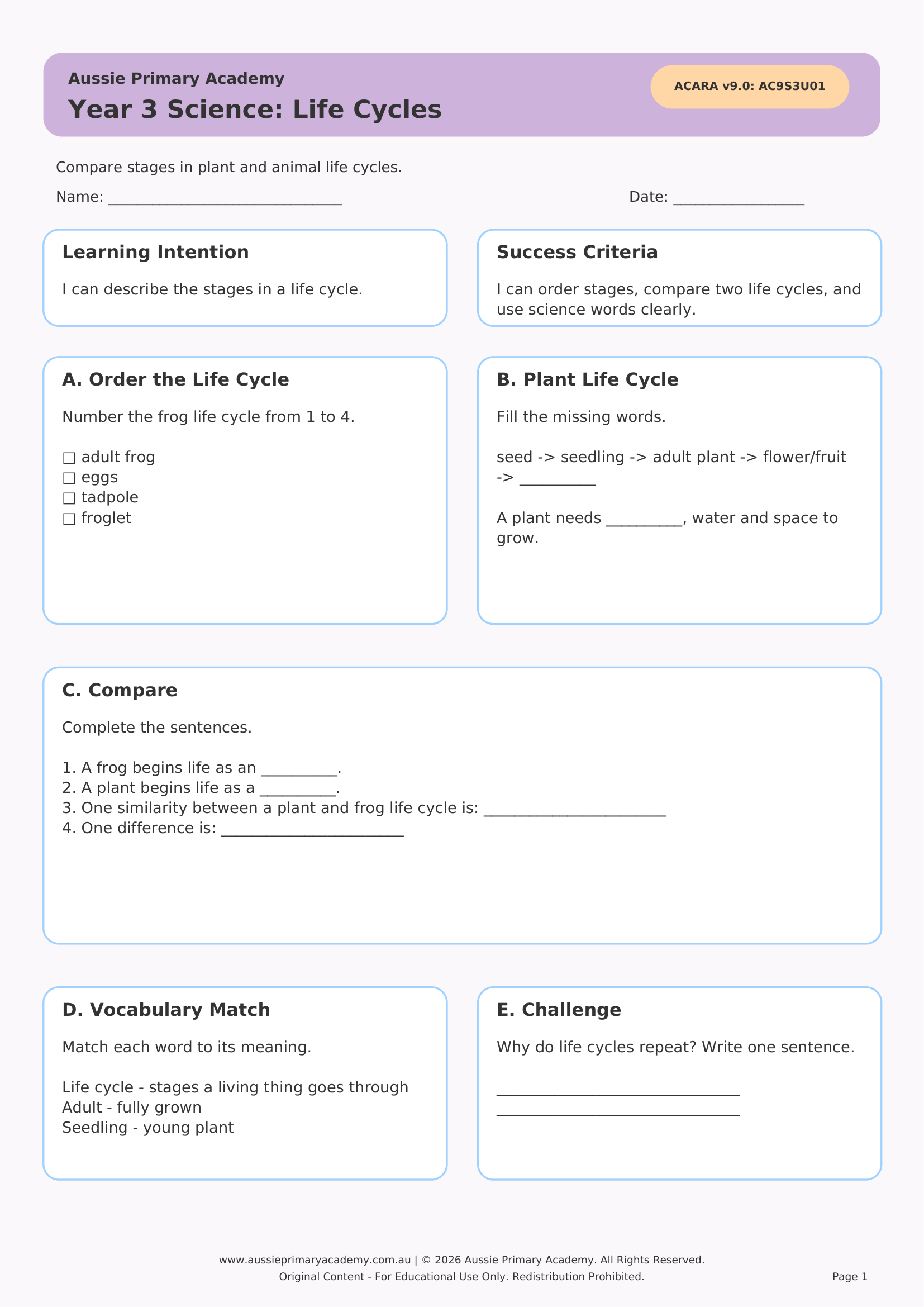Life Cycles Ac9S3U01 Colour worksheet preview