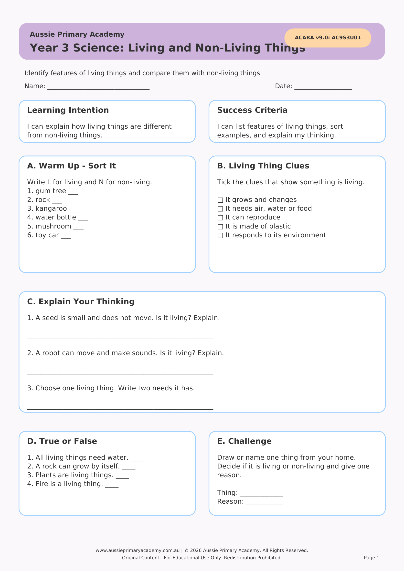 Living And Non Living Things Ac9S3U01 Colour worksheet preview