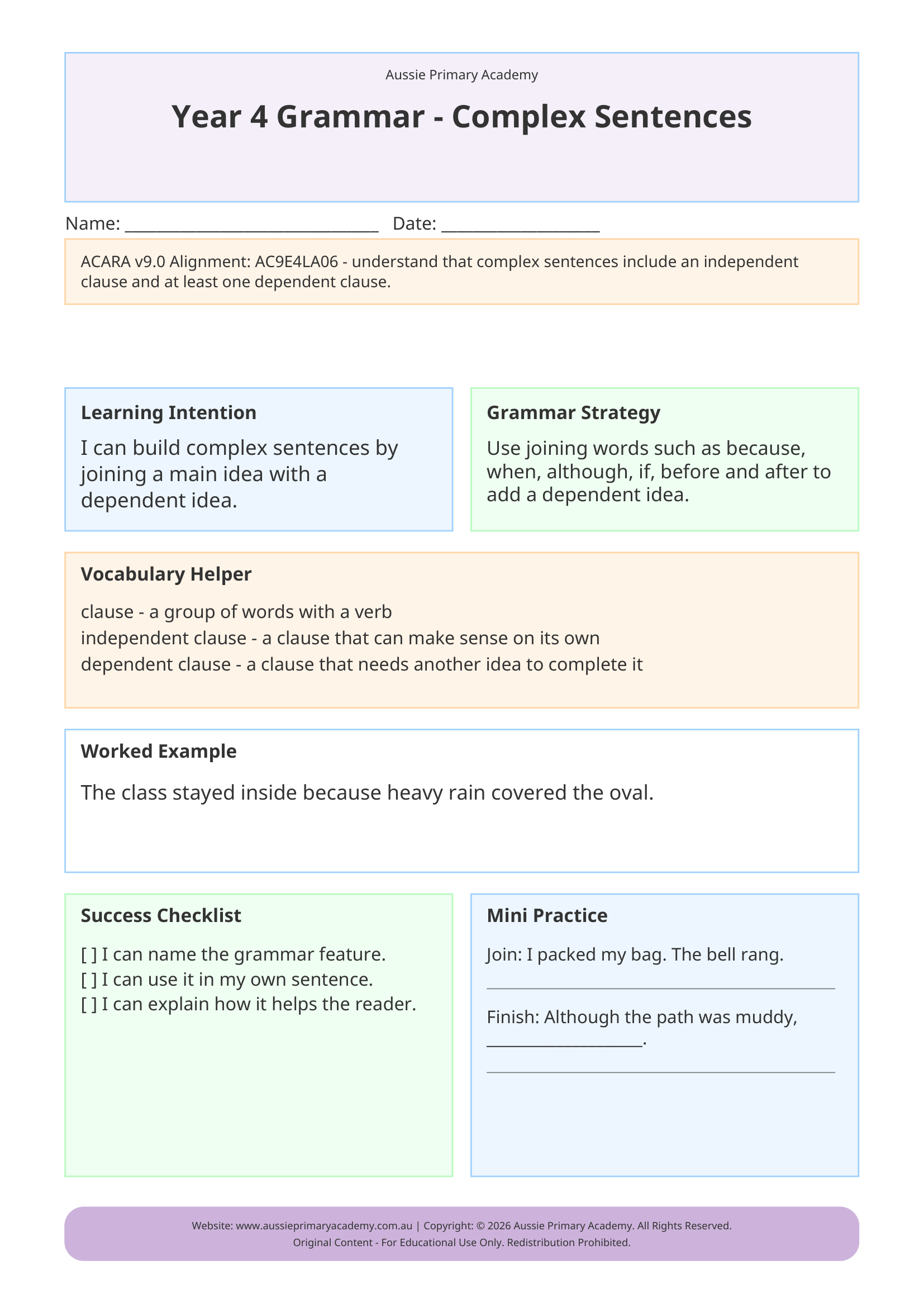 Complex Sentences Grammar worksheet preview