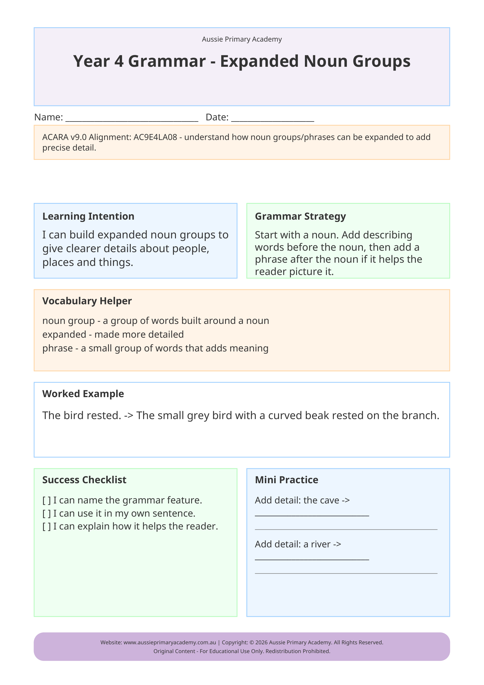 Expanded Noun Groups Grammar worksheet preview