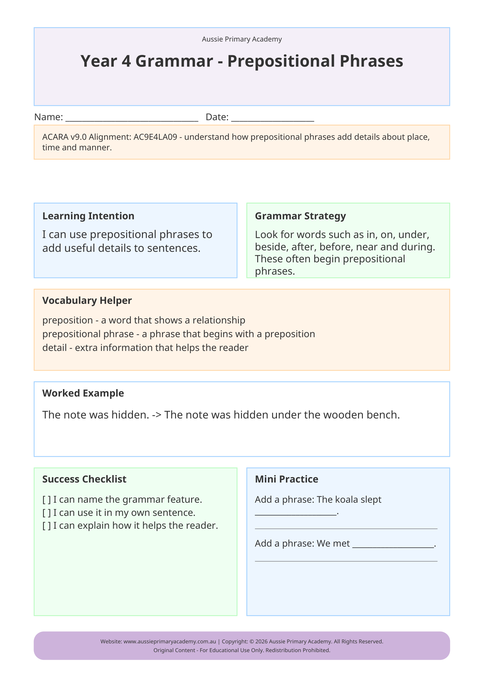 Year 4 Prepositional Phrases Preview