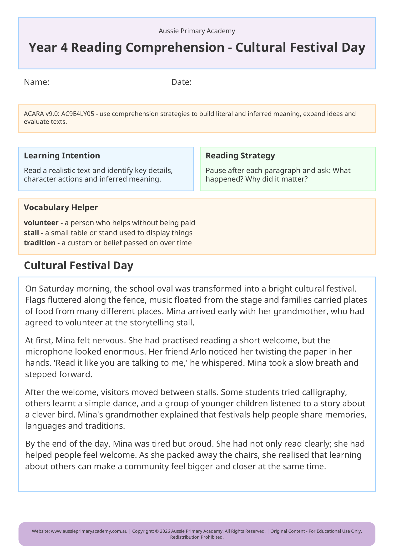 Reading Comprehension Cultural Festival Day worksheet preview