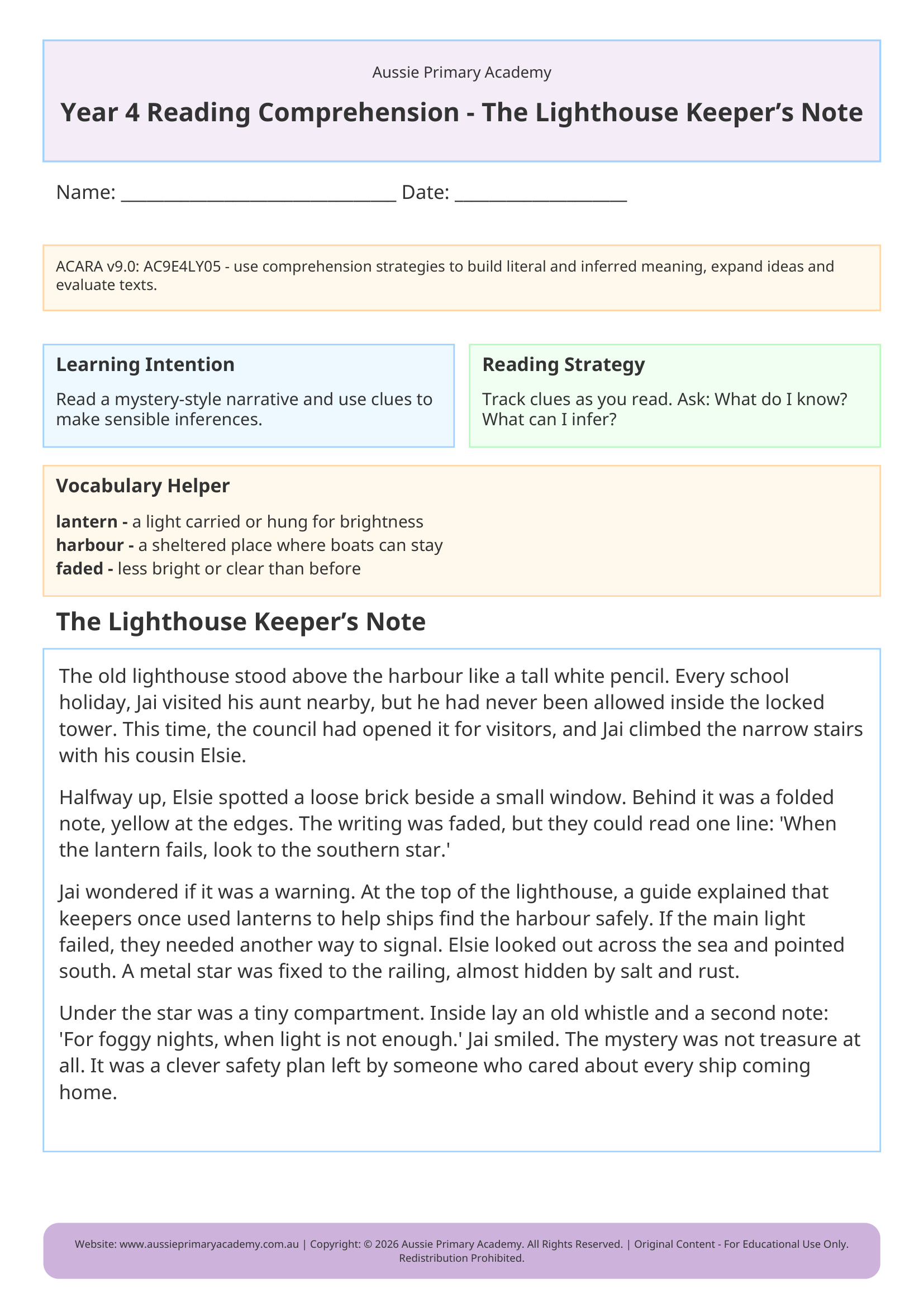 Reading Comprehension The Lighthouse Keepers Note worksheet preview