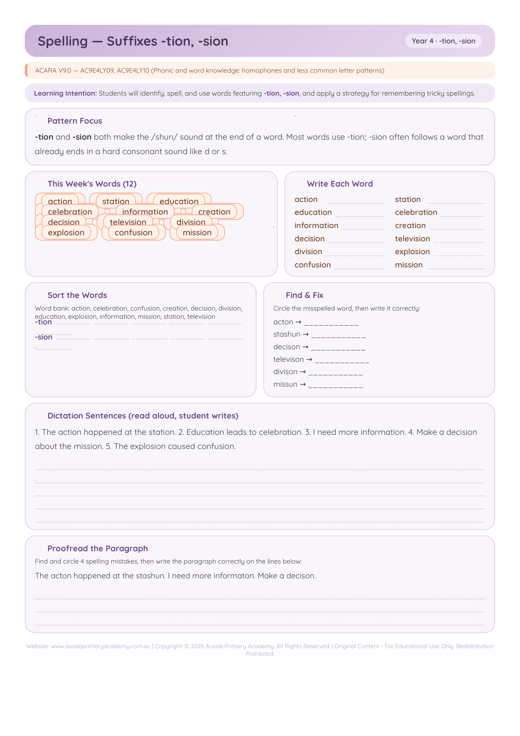 Spelling Suffixes Tion Sion worksheet preview