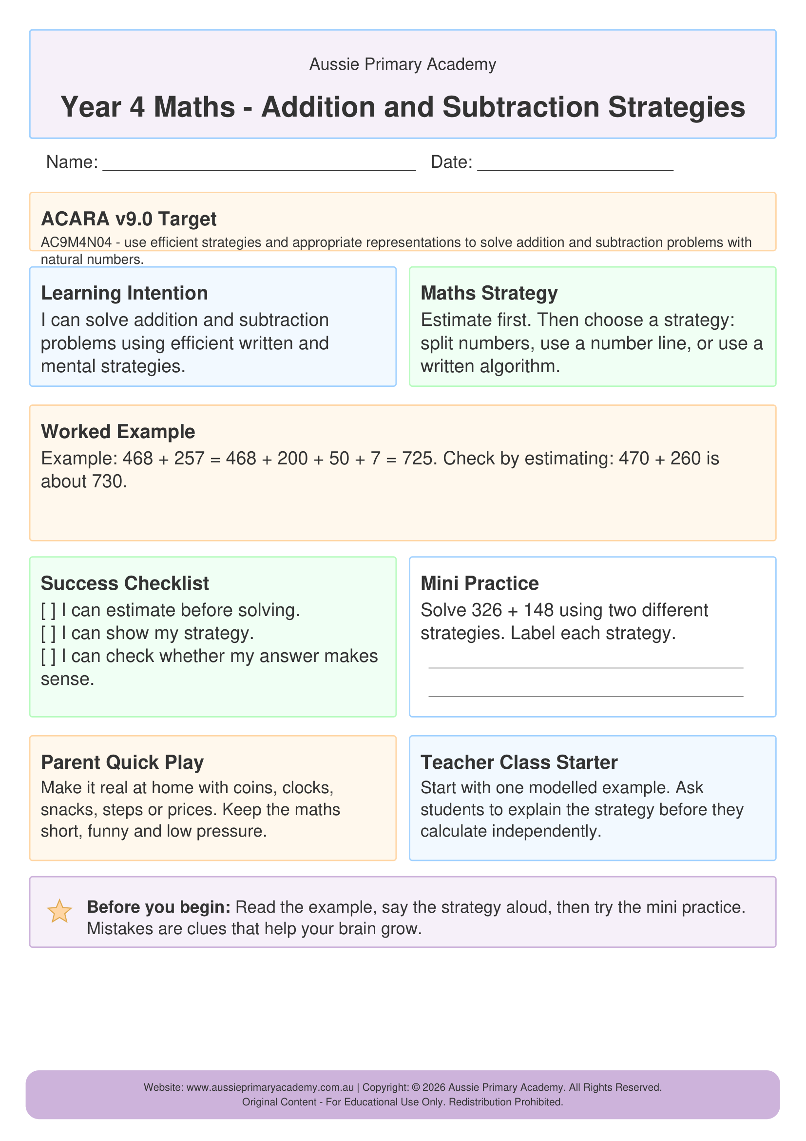 Addition And Subtraction Strategies worksheet preview