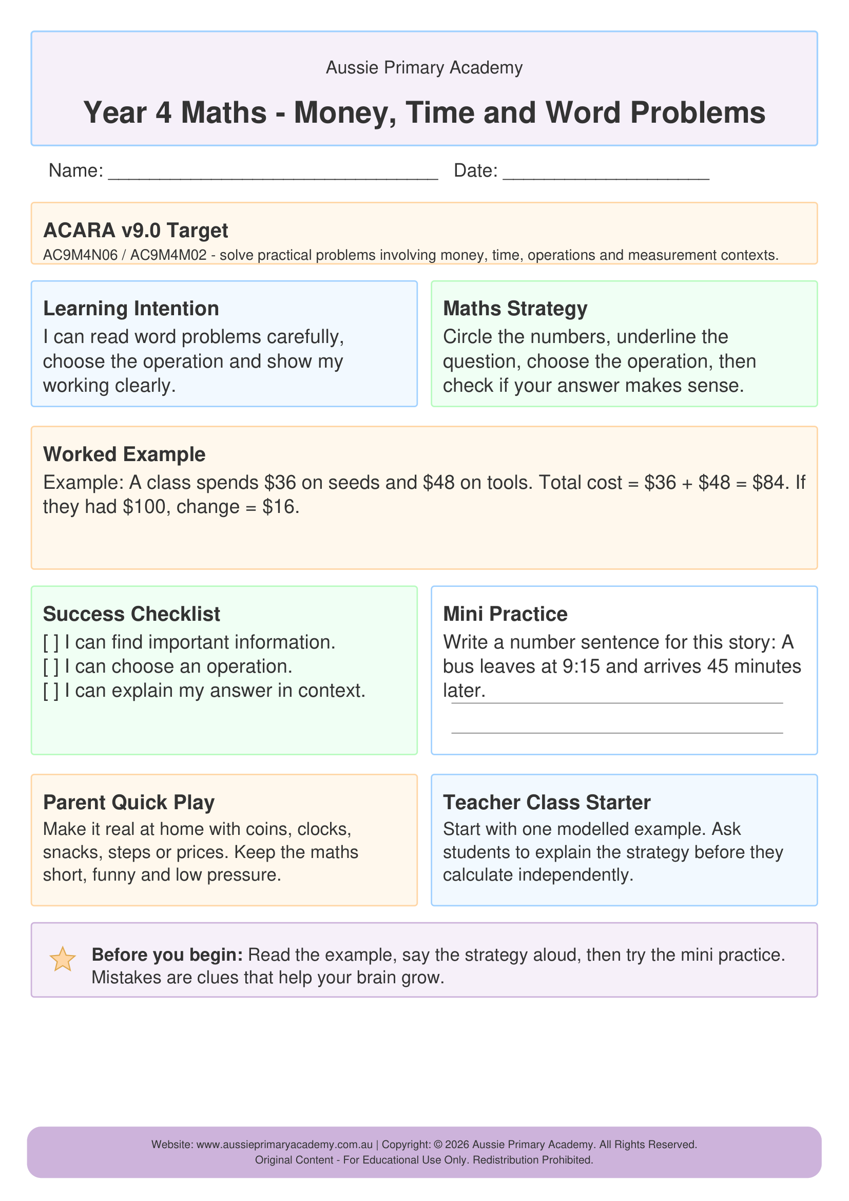 Year 4 Money Time Word Problems Preview