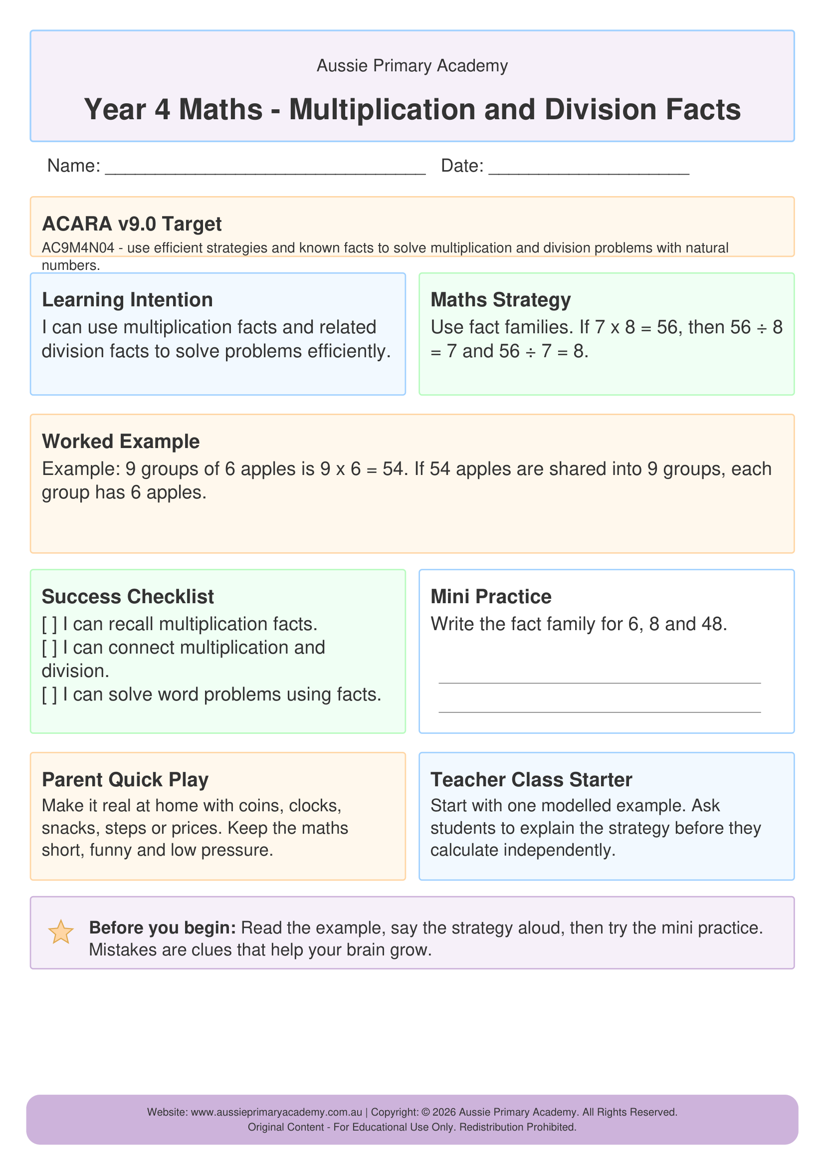 Year 4 Multiplication and Division Facts Preview