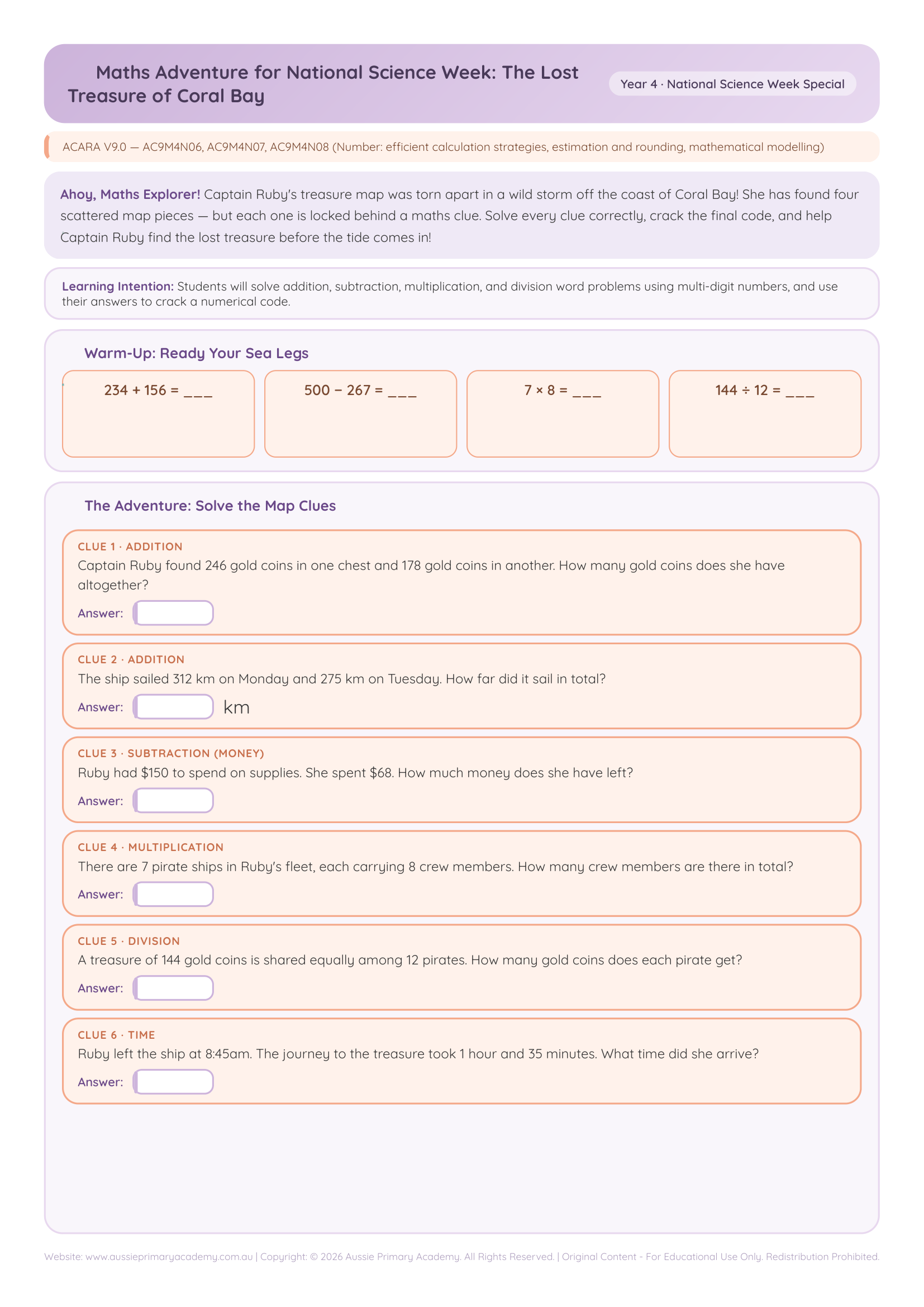 Year 4 Maths Treasure Hunt Adventure worksheet preview