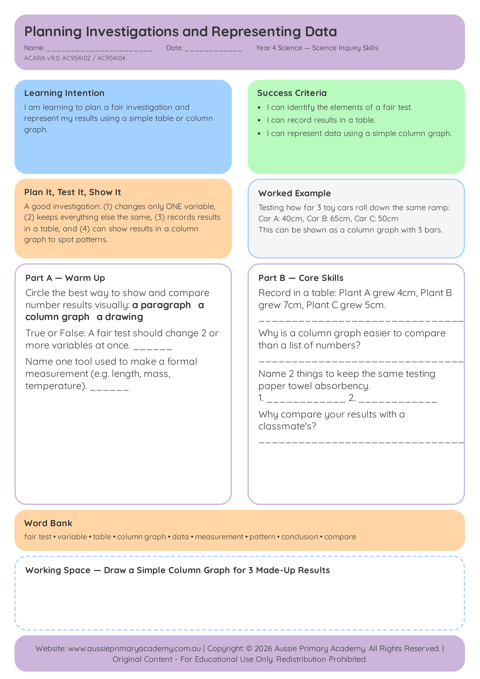 Planning Investigations And Representing Data Pdf Colour With Answers worksheet preview