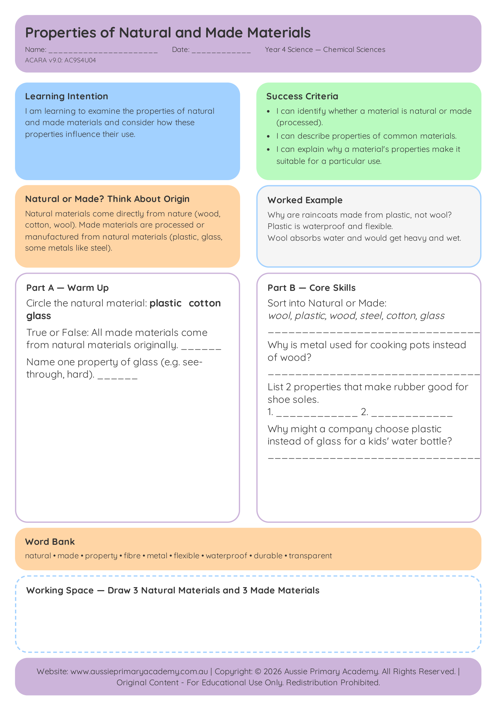 Properties Of Natural And Made Materials Pdf Colour With Answers worksheet preview