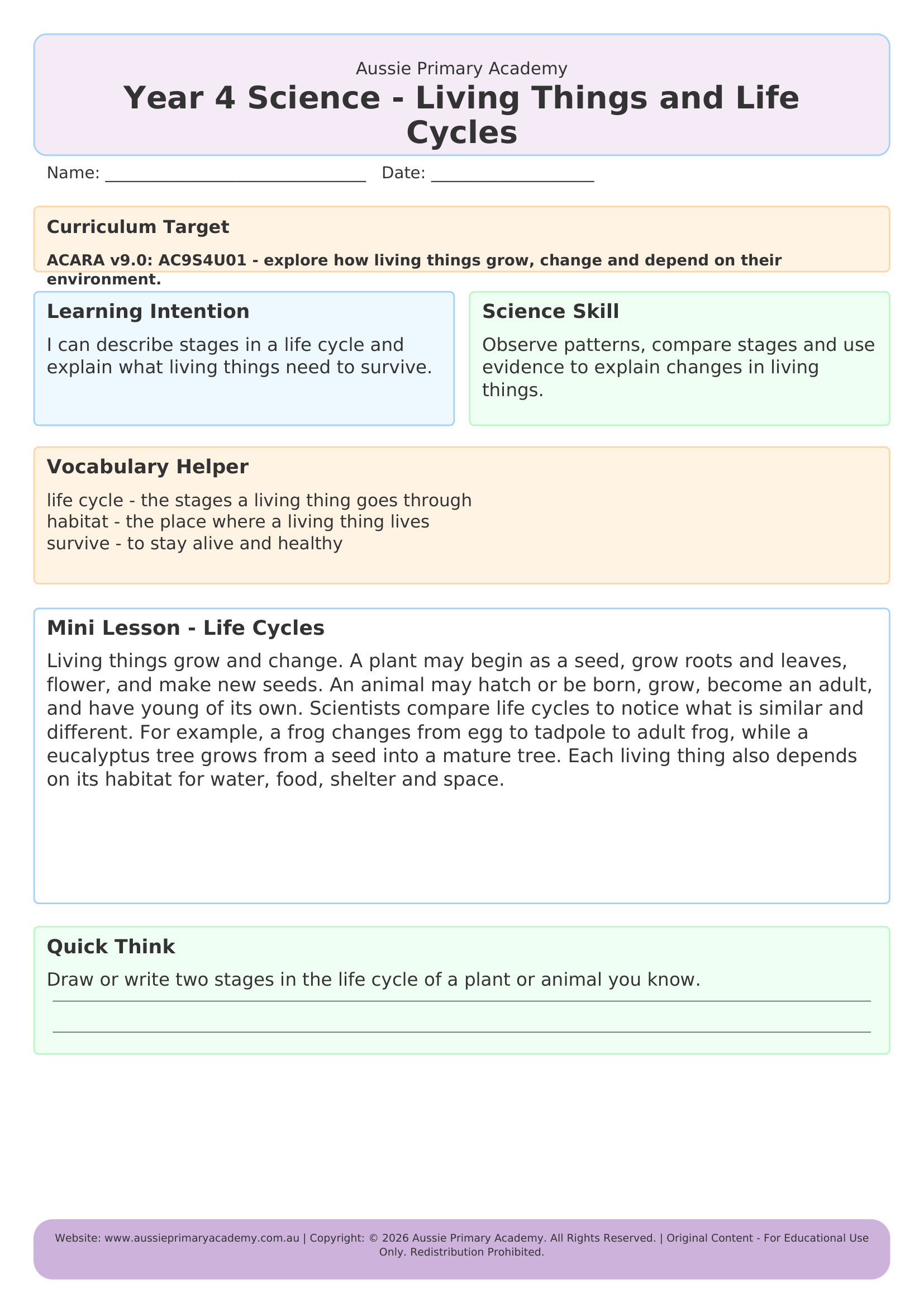 Living Things And Life Cycles worksheet preview