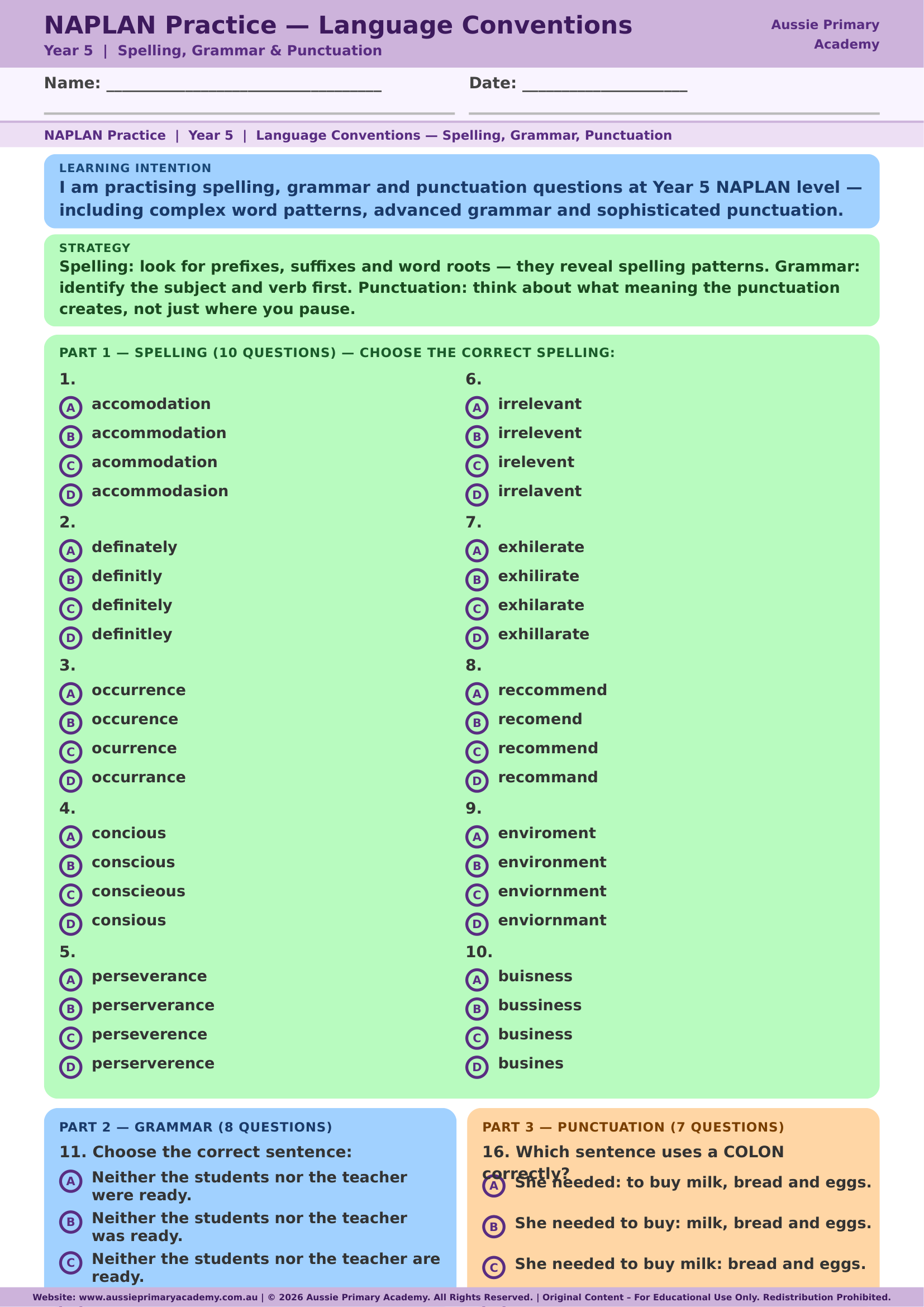 Naplan Practice Language Conventions Year 5 Australia worksheet preview