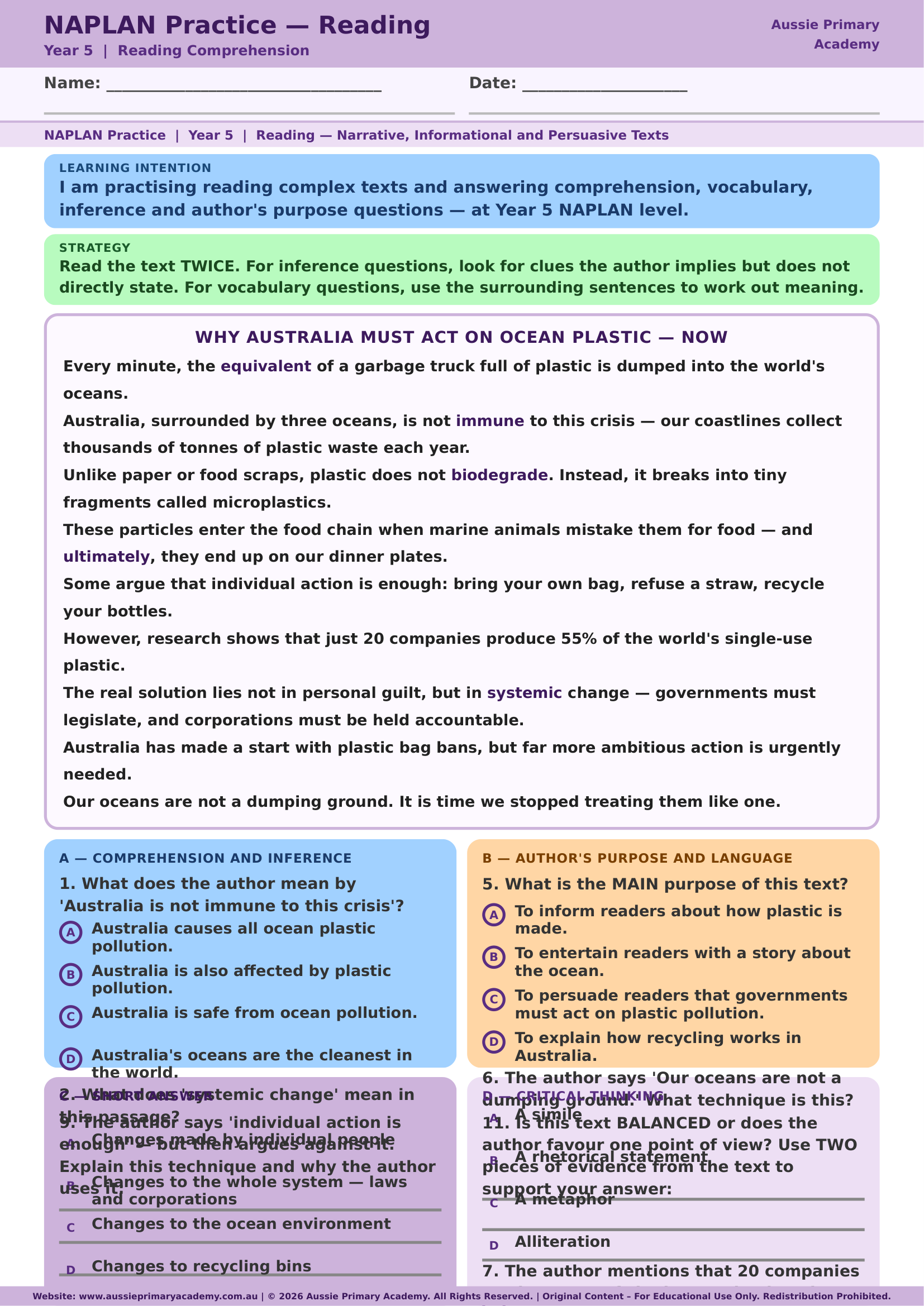 Naplan Practice Reading Year 5 Australia worksheet preview