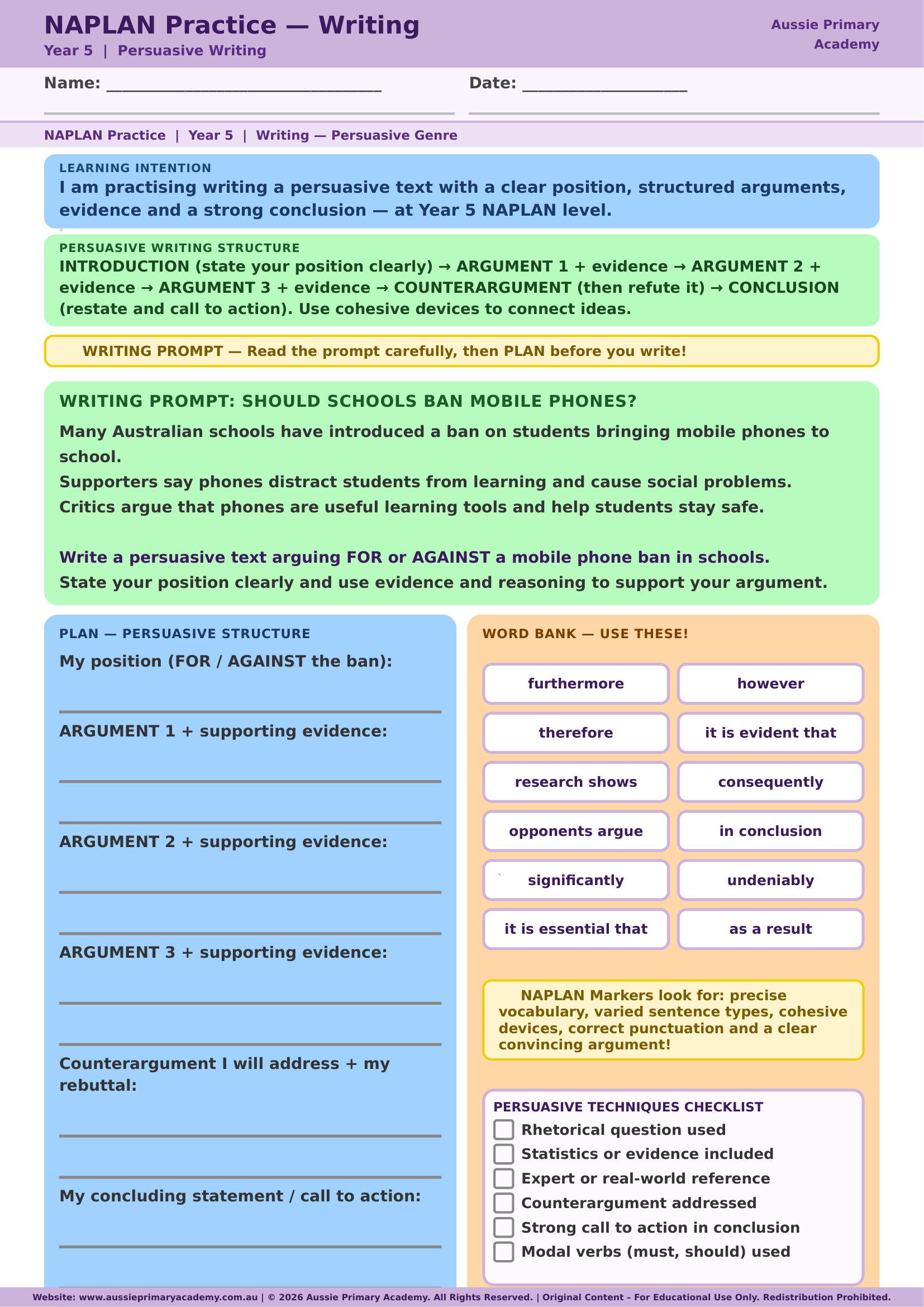 Naplan Practice Writing Year 5 Australia worksheet preview